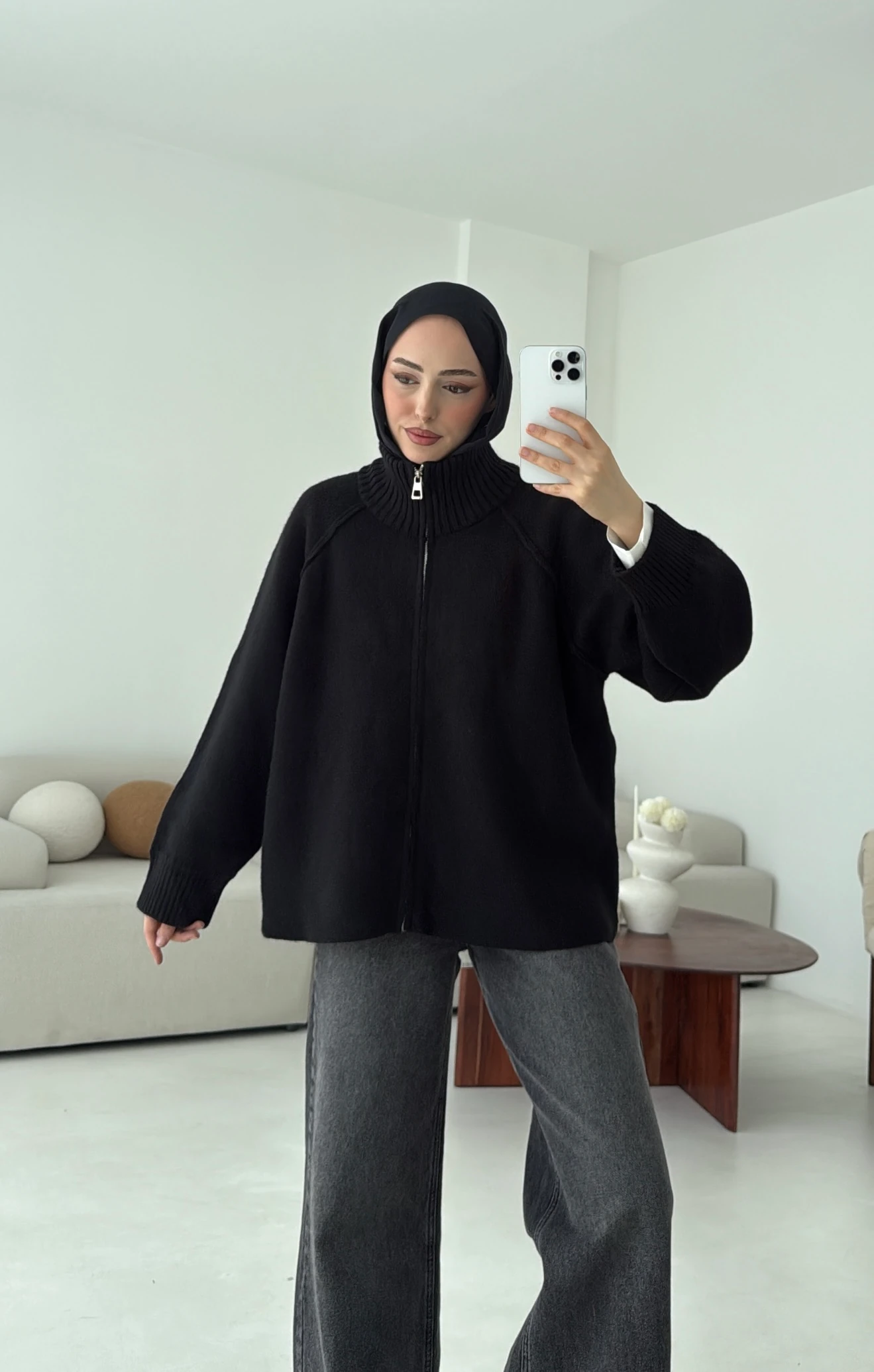 Fermuarlı Şardonlu Hırka Siyah