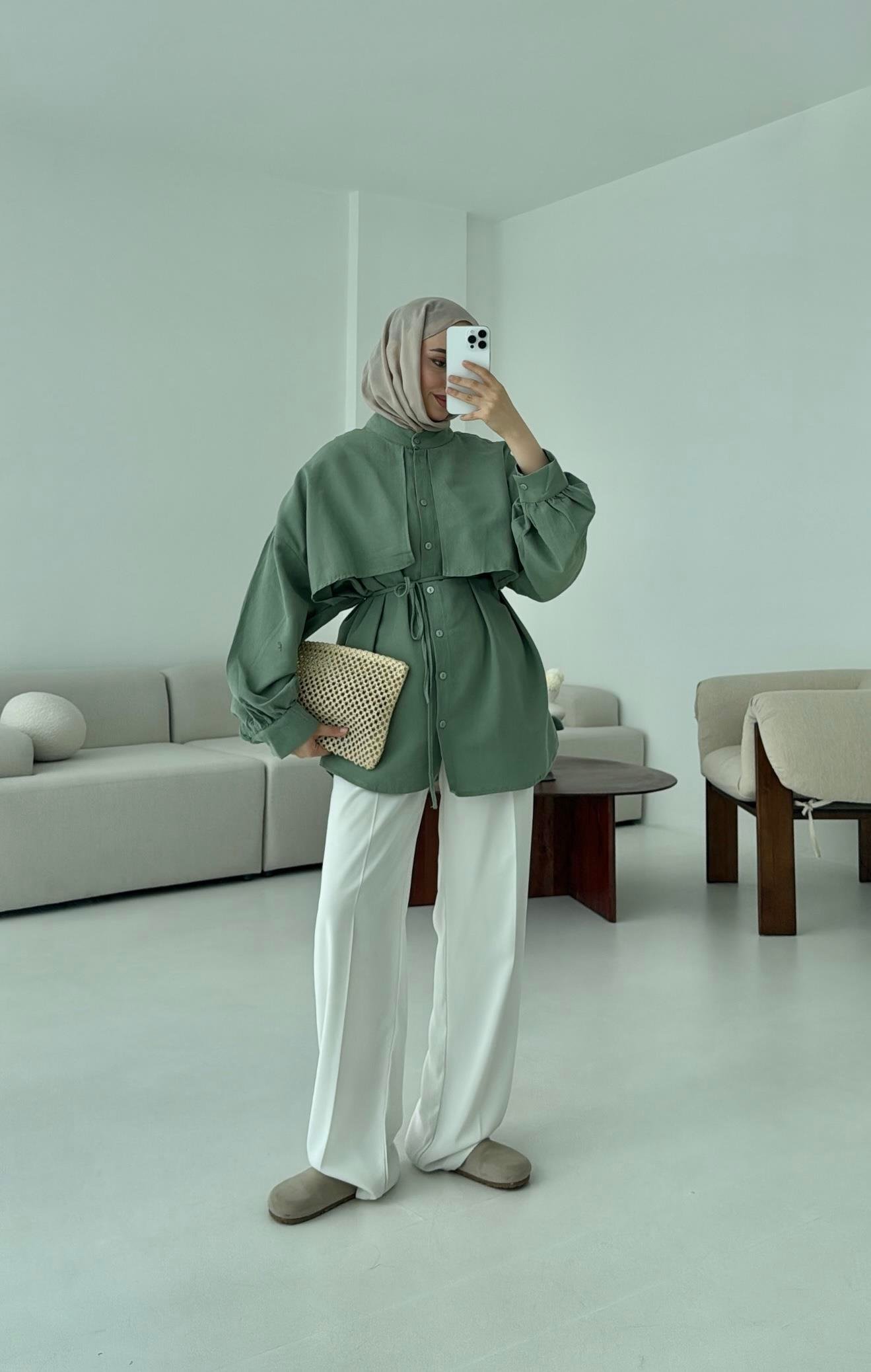 Pelerinli Keten Gömlek Yeşil