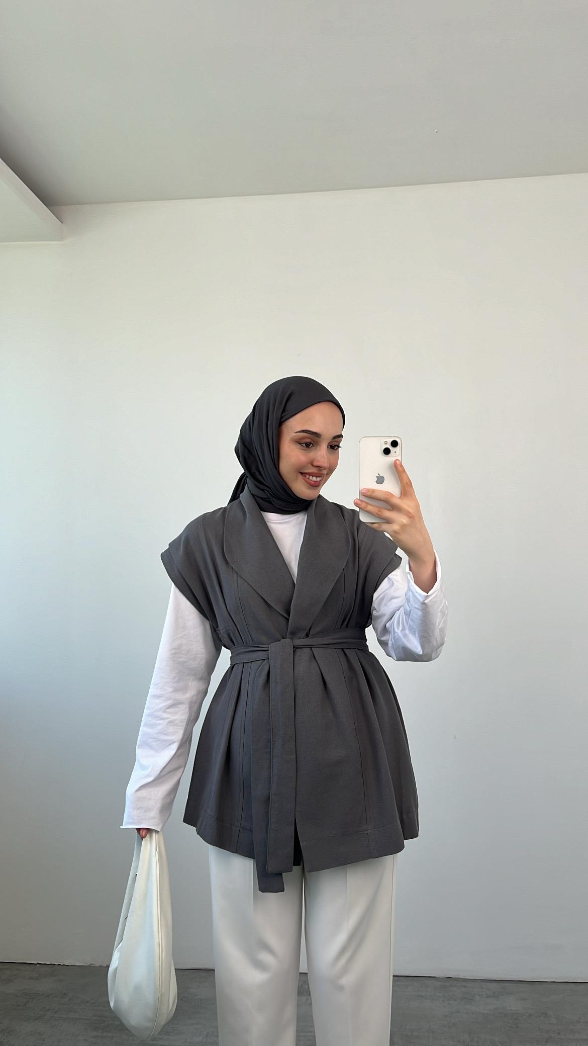 Bağlamalı Keten Yelek Gri