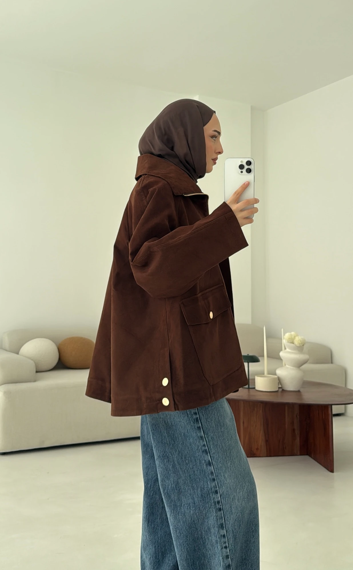 Oversize Dolgulu Süet Ceket Kahve