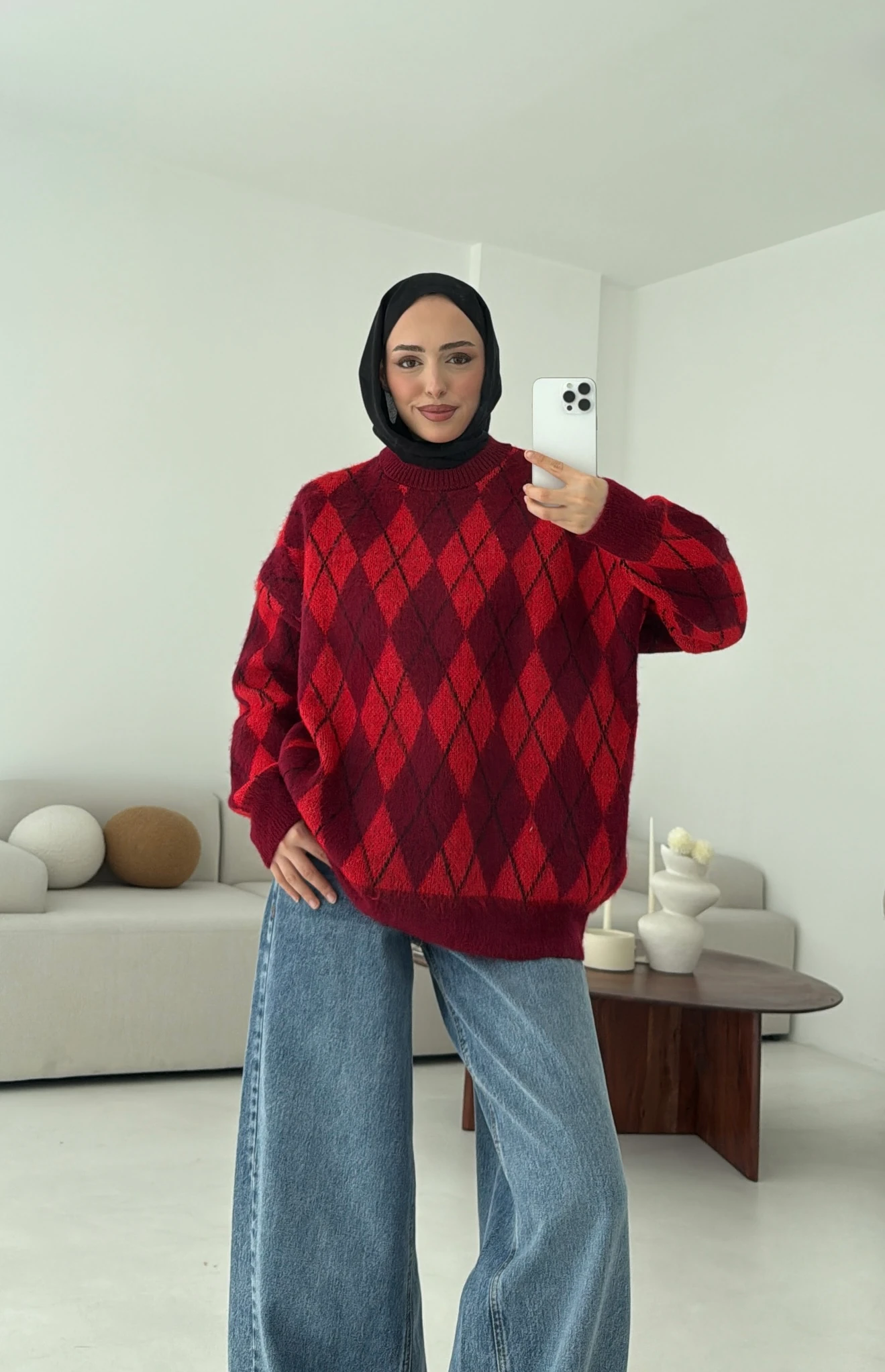 Baklava Desen Şardonlu Kazak Bordo