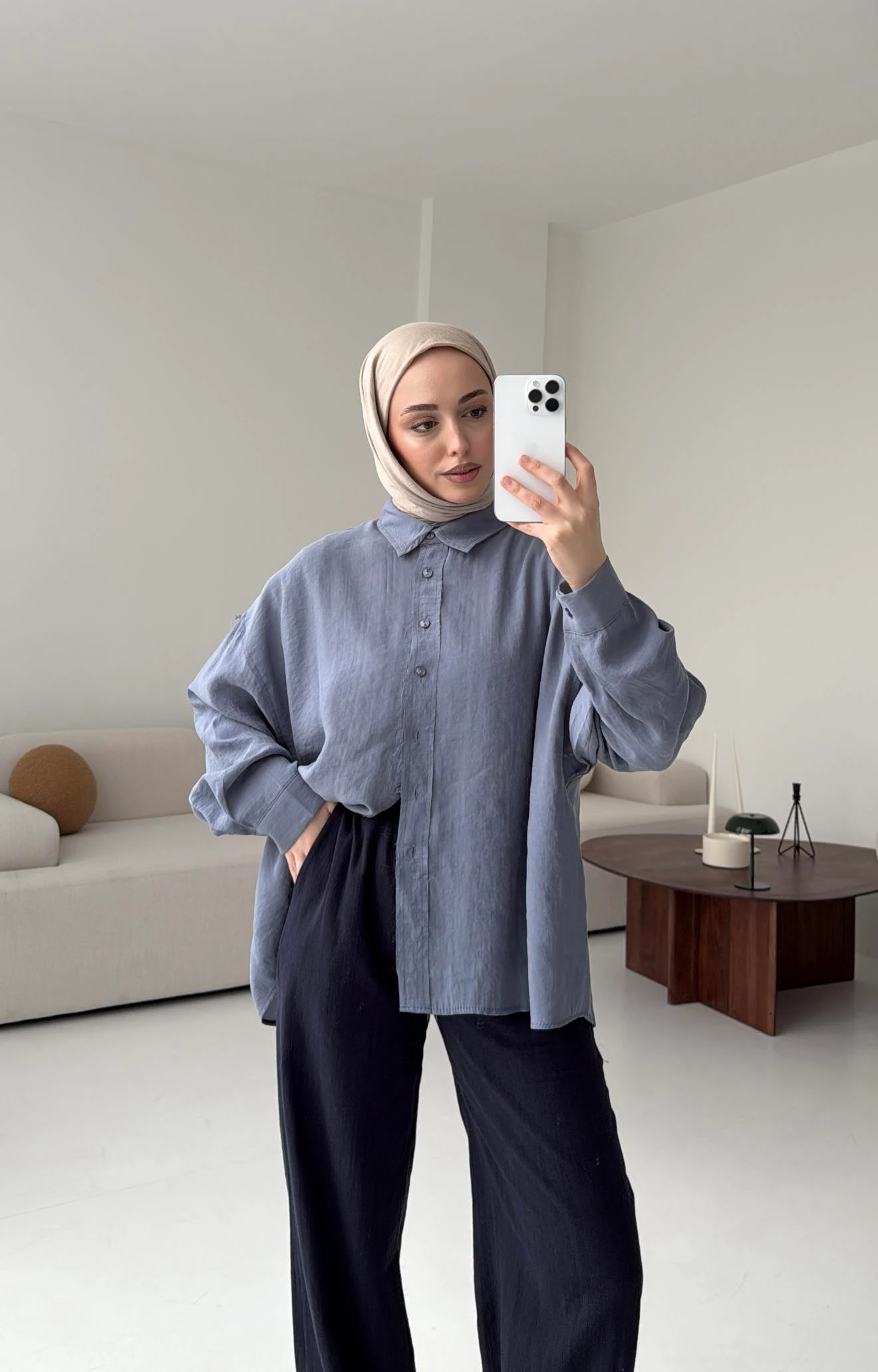 Tencel Pis Dikiş Oversize Mavi Gömlek