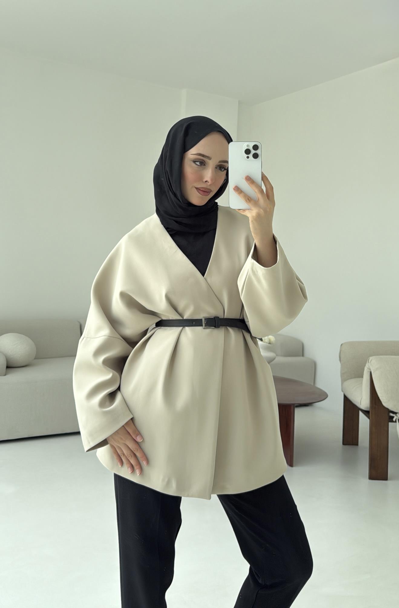 Deri Kemer Detay Oversize Ceket Taş