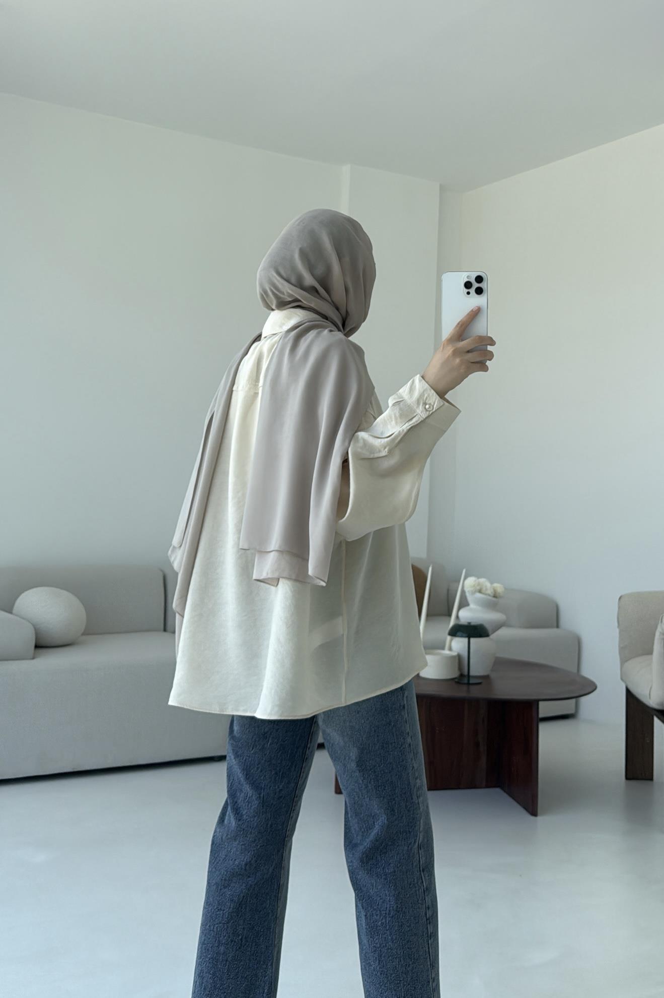 Tencel Pis Dikiş Oversize Krem Gömlek