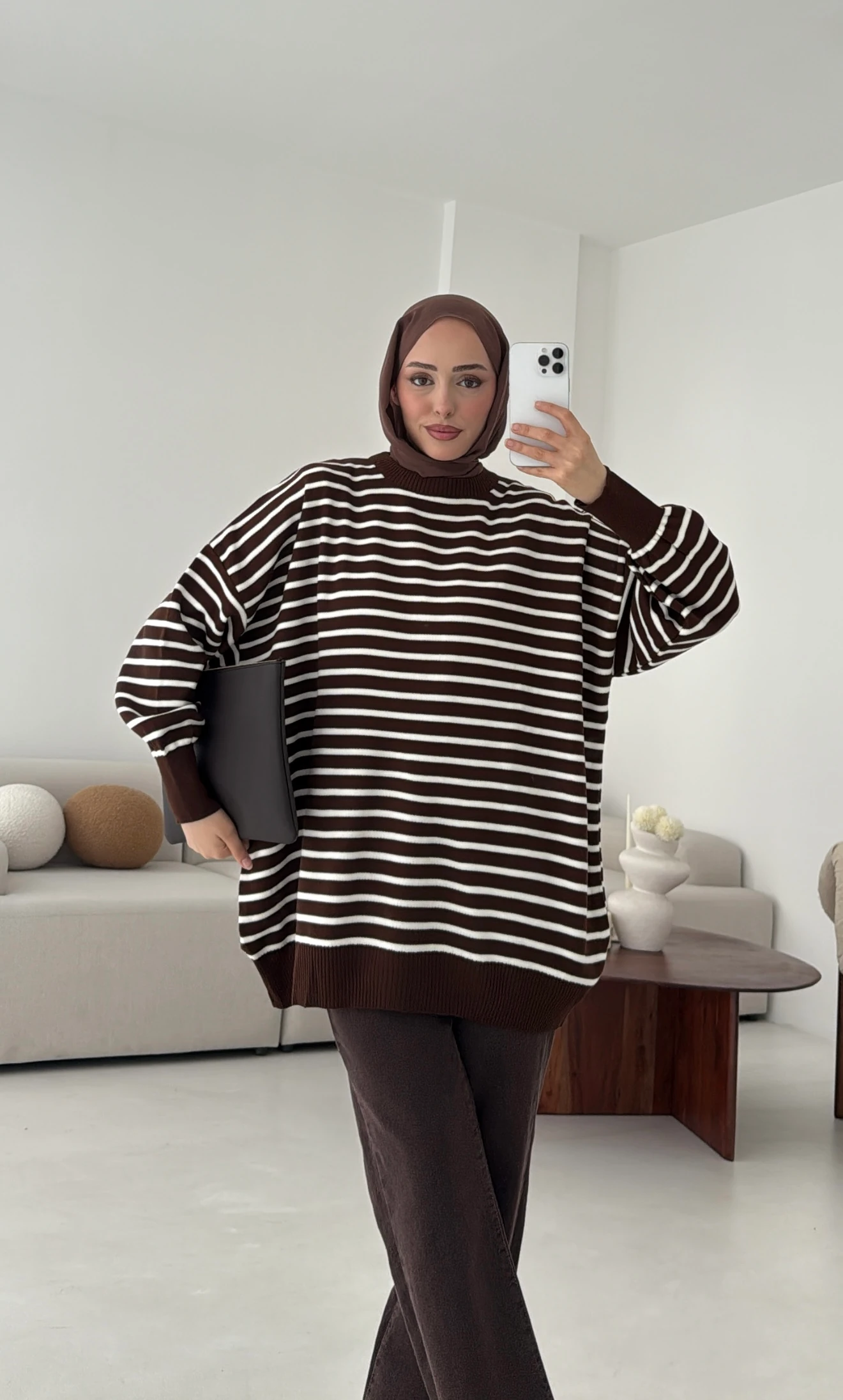 Çizgili Triko Kazak Kahve