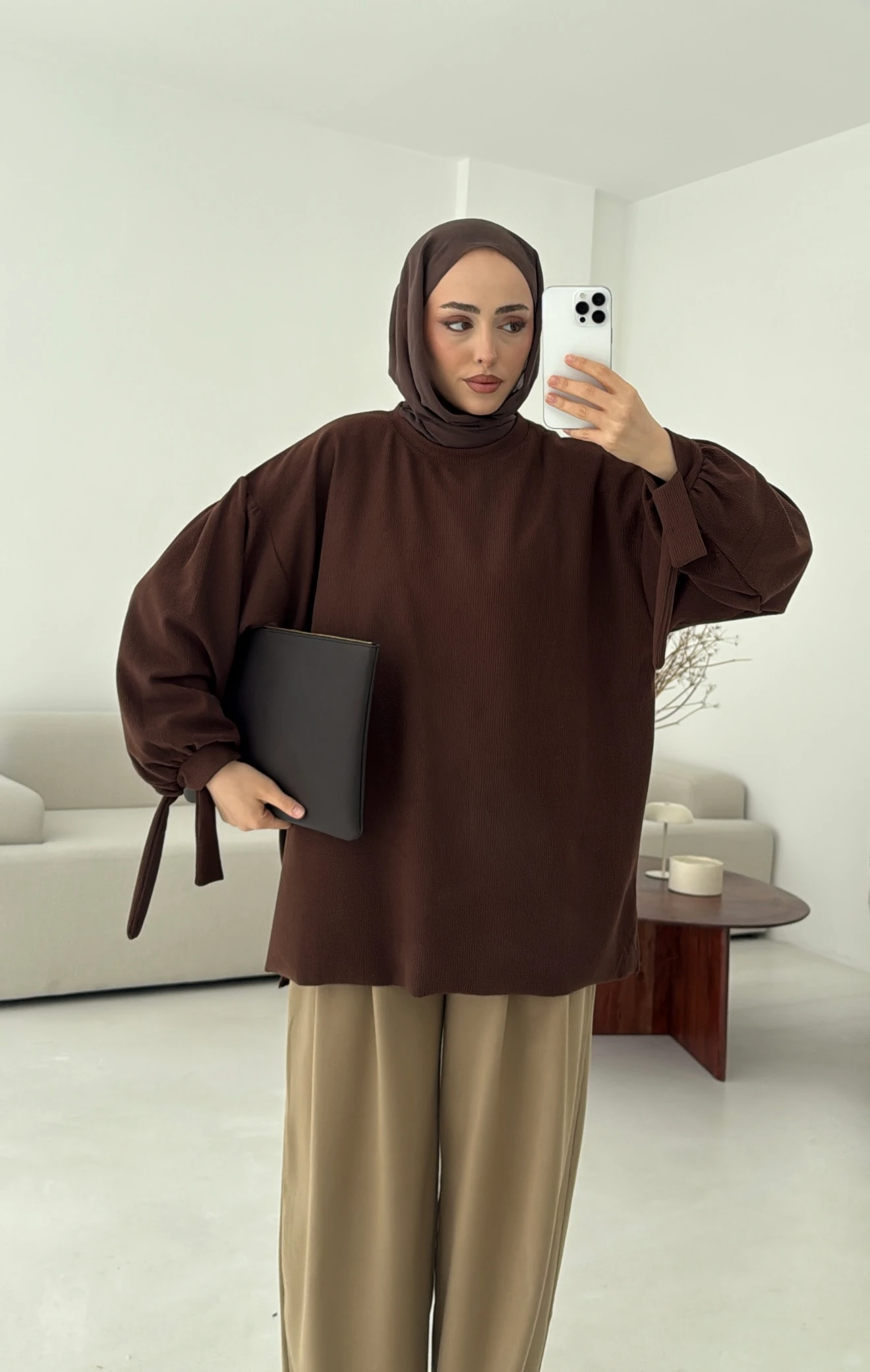 Selanik Balon Kol Bagcıklı Sweat Kahve 