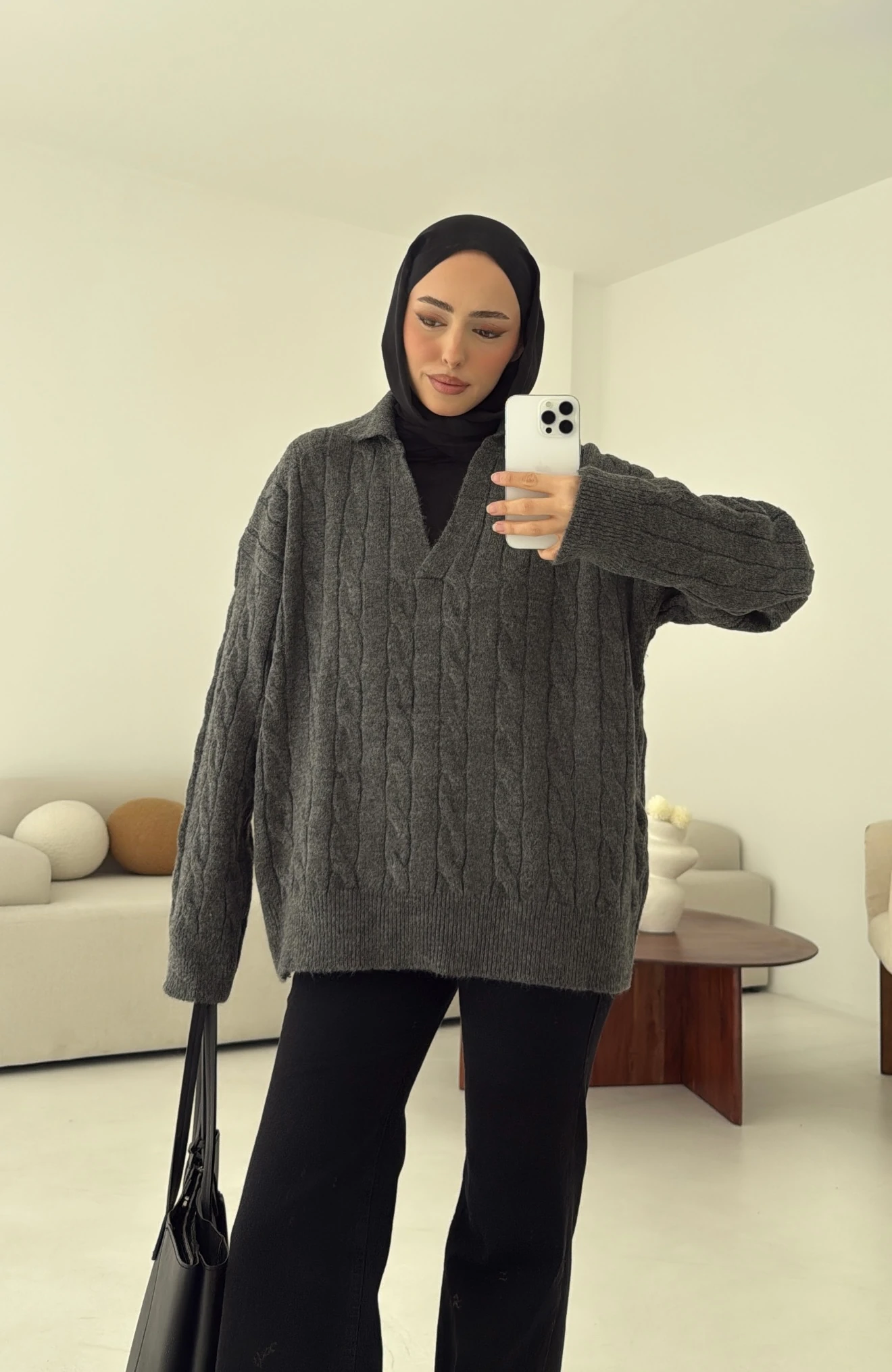 Polo Yaka Örgü Kazak Antrasit