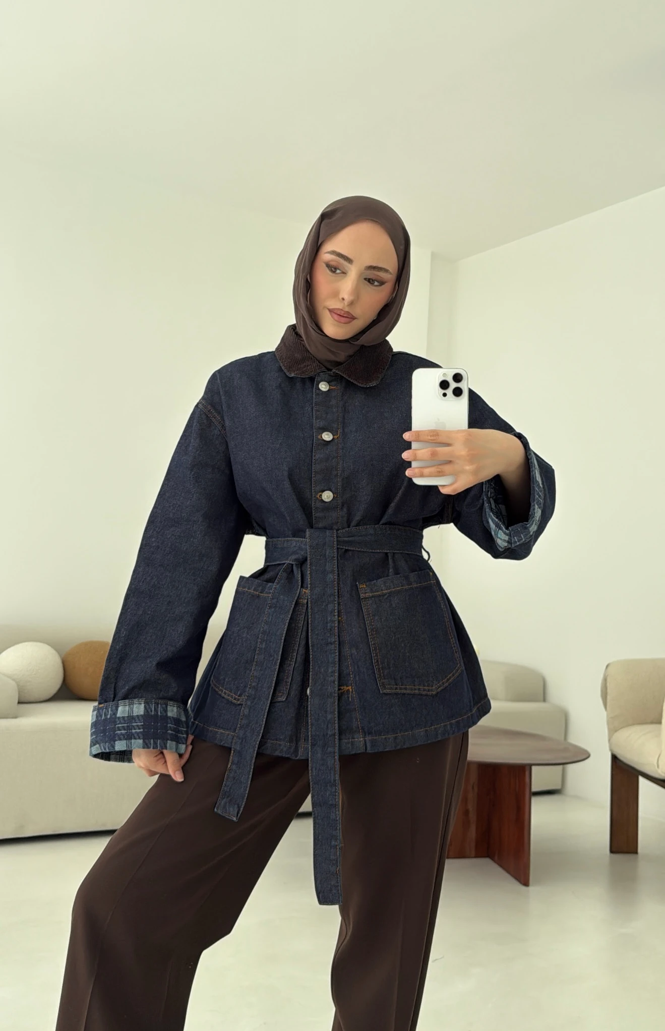 Astarı Ekose Detay Denim Ceket Mavi