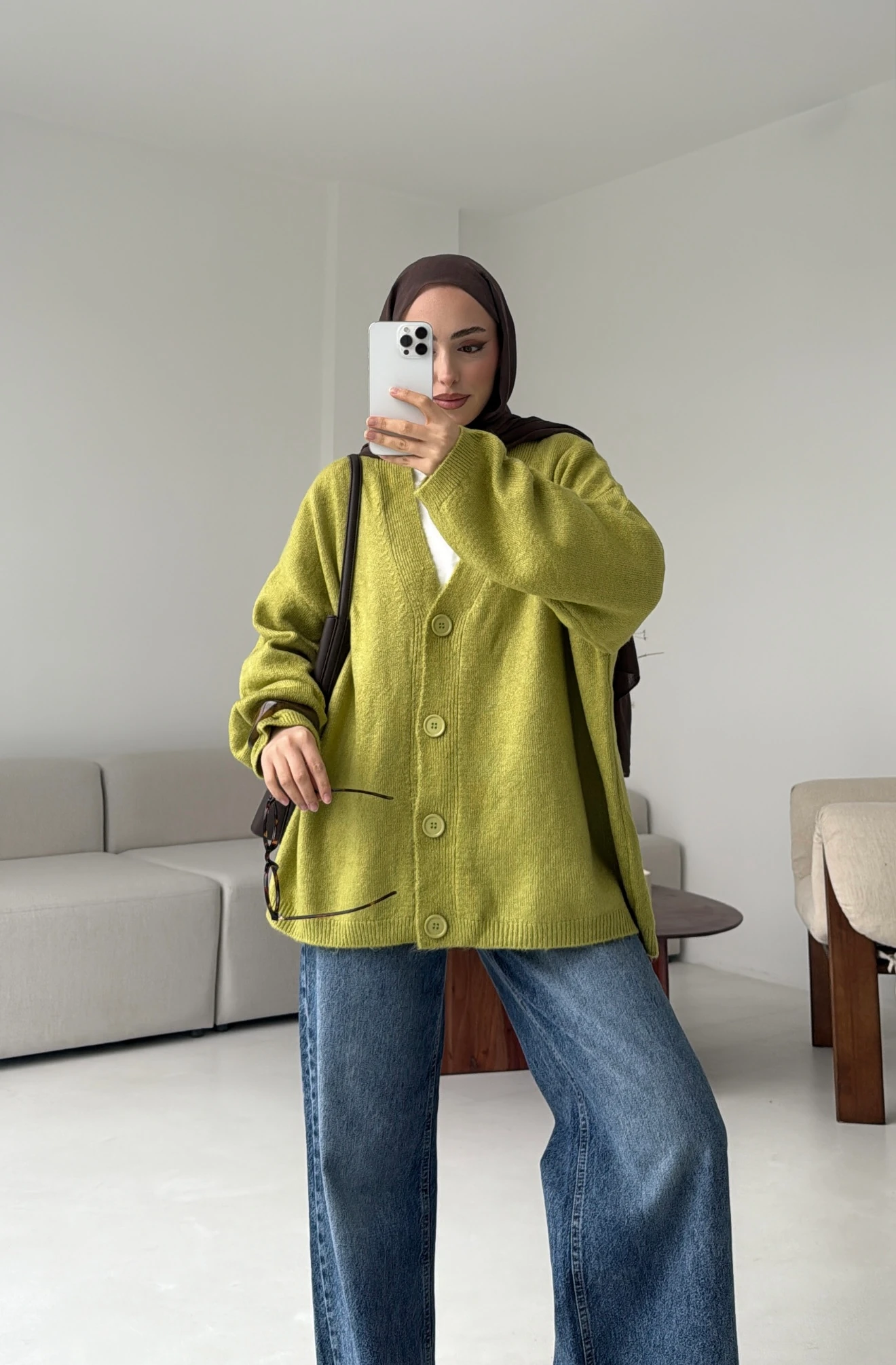 Oversize Yünlü Kazak Yağ Yeşili