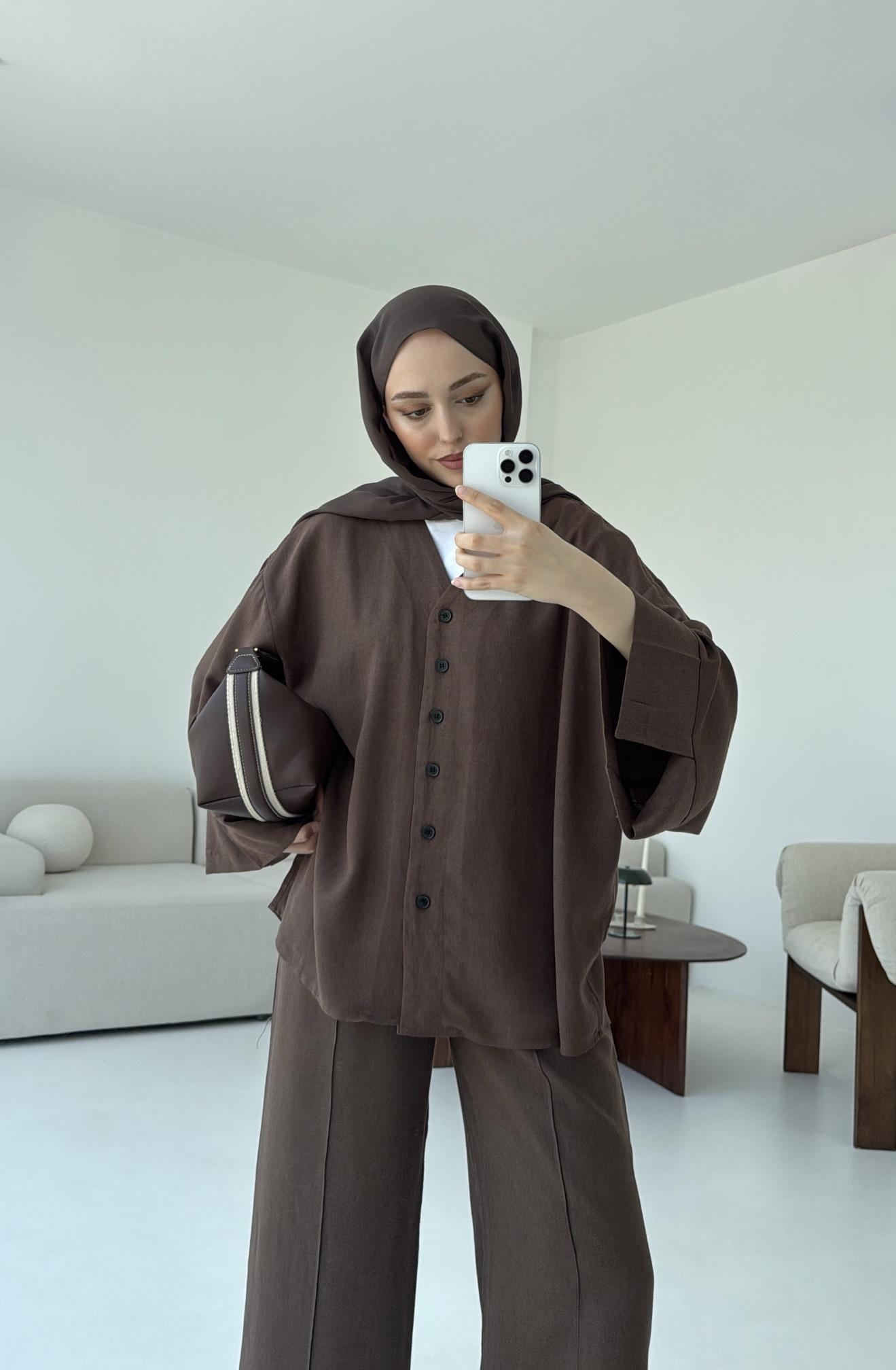 Düğmeli Kimono Takım Kahve