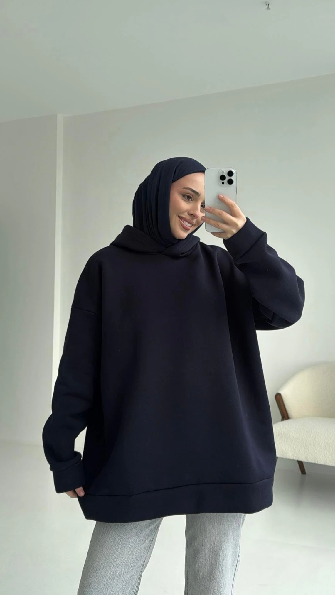 Şardonlu Oversize Lacivert Sweatshirt