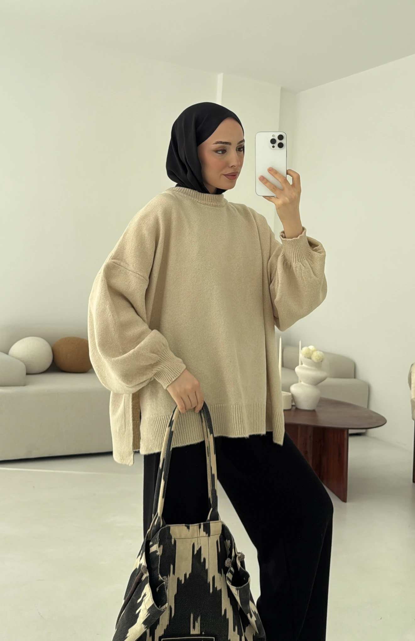 Yırtmaç Detay Balon Kol Kazak Bej