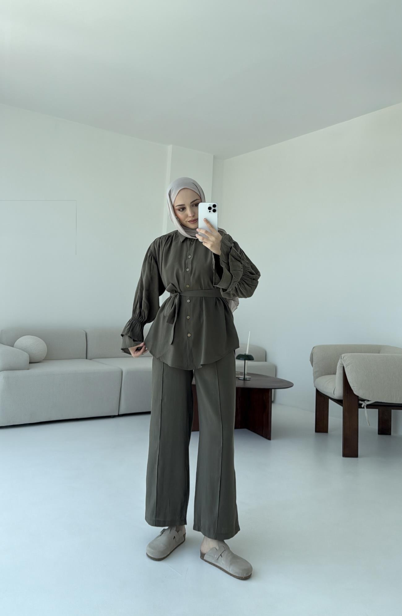 Büzgülü Oversize Gömlek Takım Haki