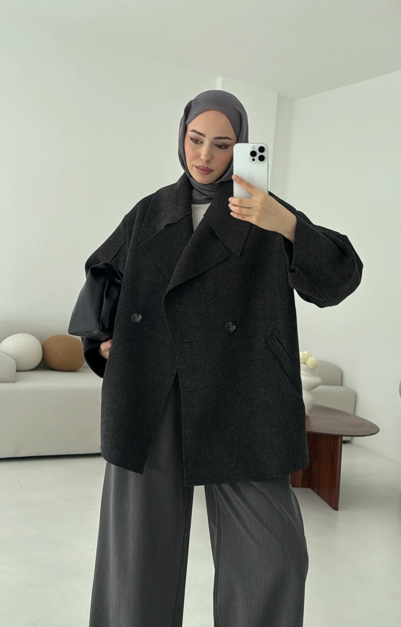 Yumuşak Şal Yaka Kaban Antrasit