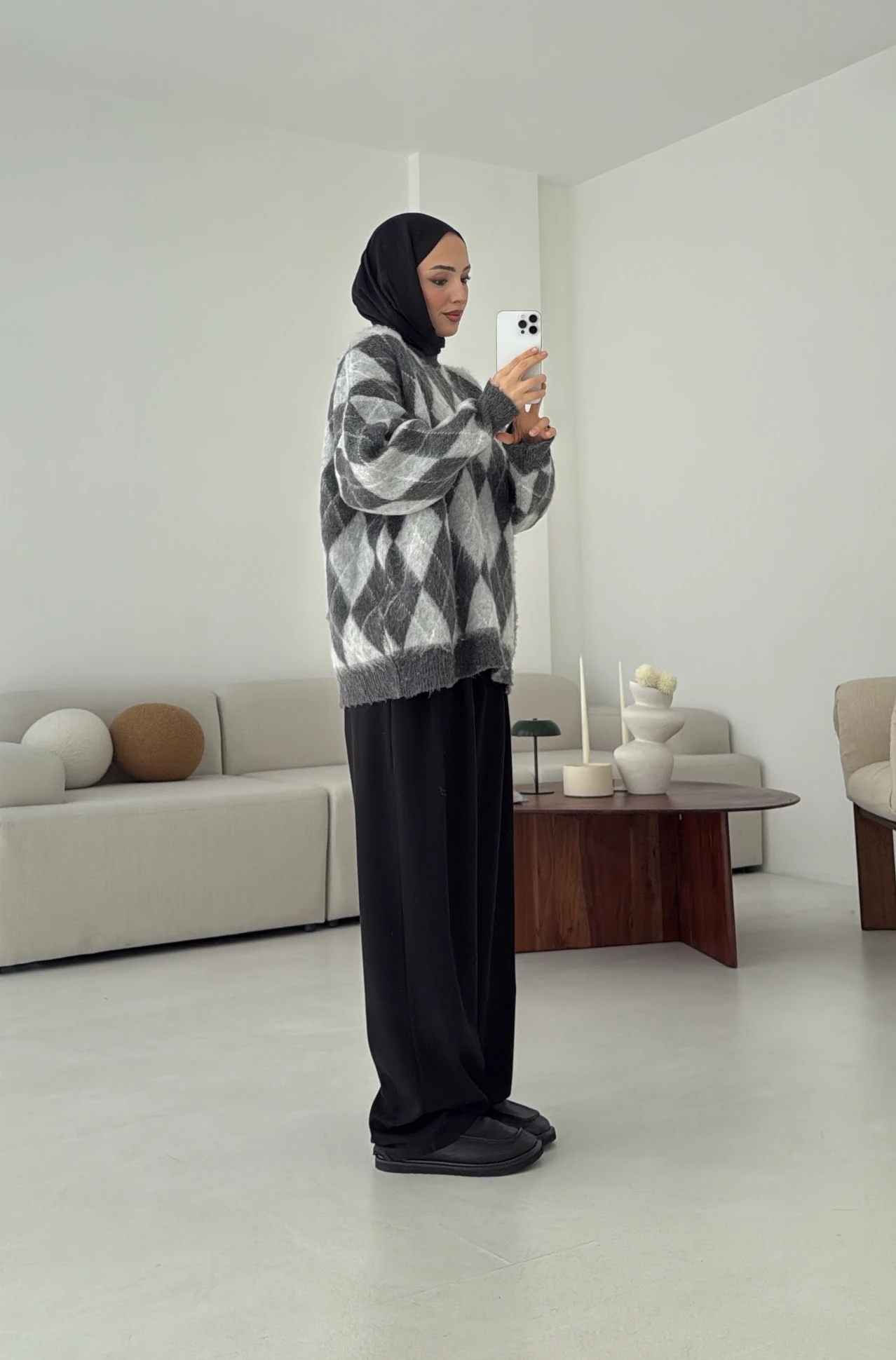 Baklava Desen Şardonlu Kazak Gri