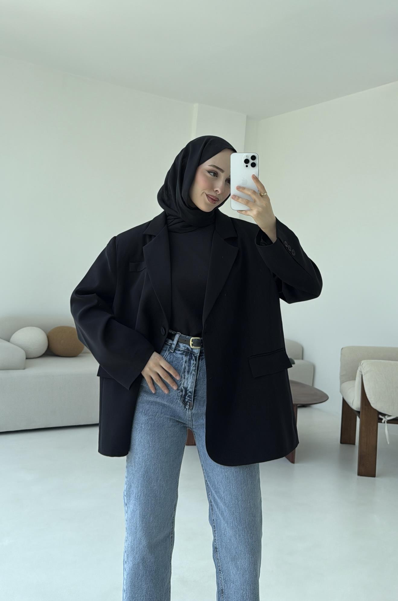 Çift Dügmeli Oversize Blazer Ceket Siyah