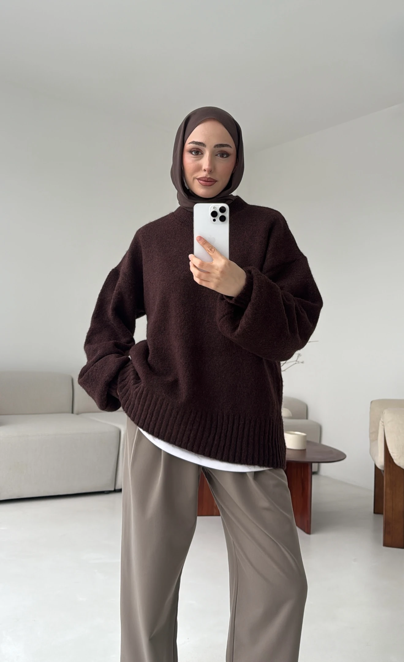 Balon Kol Yumuşak Kazak Kahve