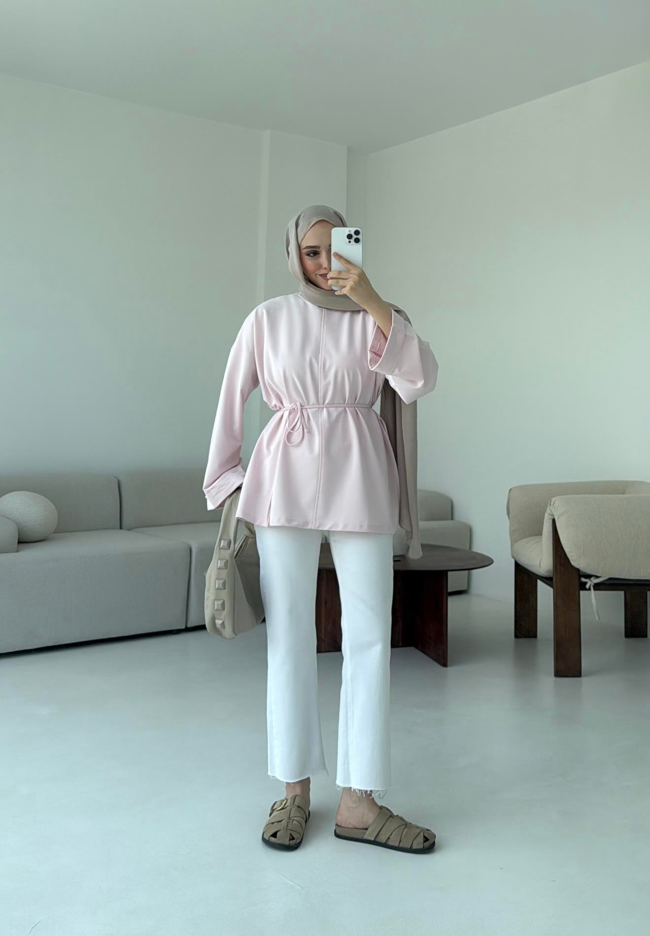 Bağlamalı Yanı Yırtmaç Detay Sweat Pudra