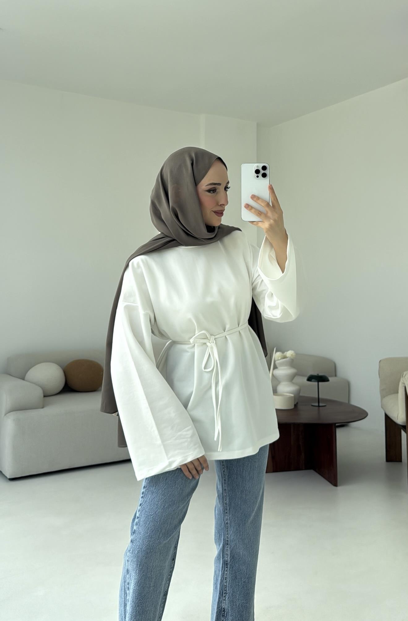 İki iplik Baglamalı Bluz Beyaz