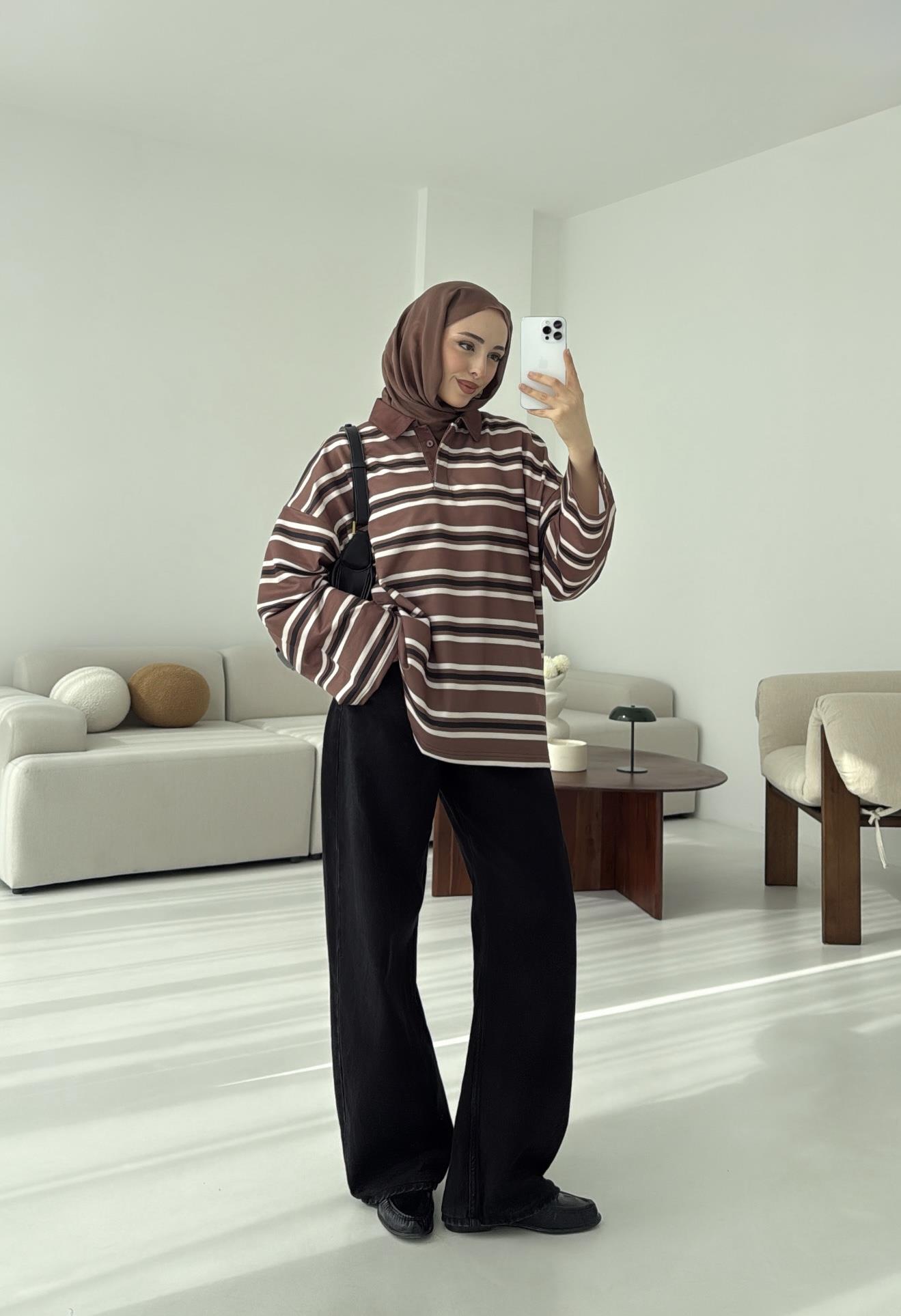 Kahve Çizgili Polo Yaka Sweatshrt