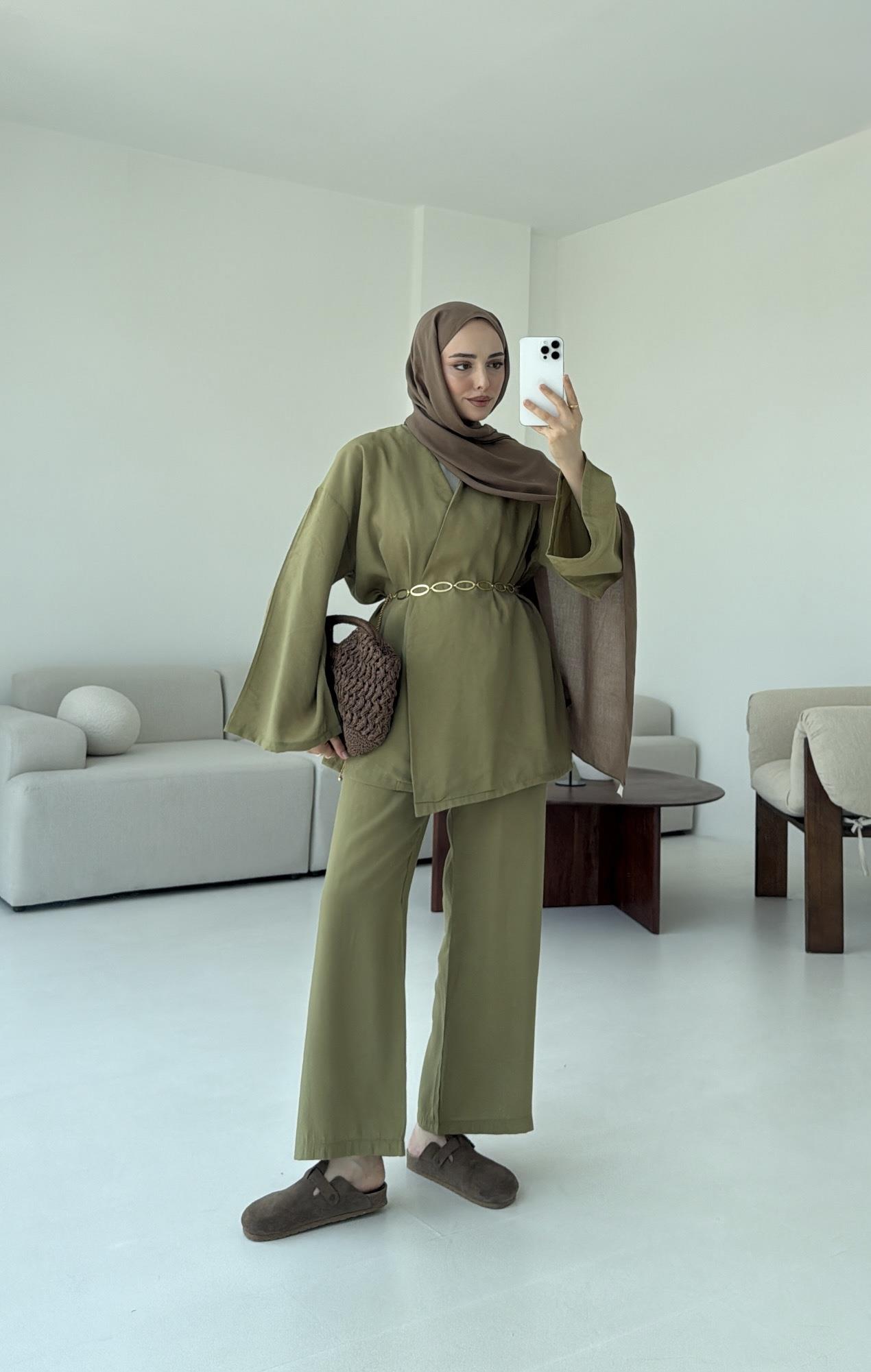 Bluz Biyeli Pantolon Takım Olive