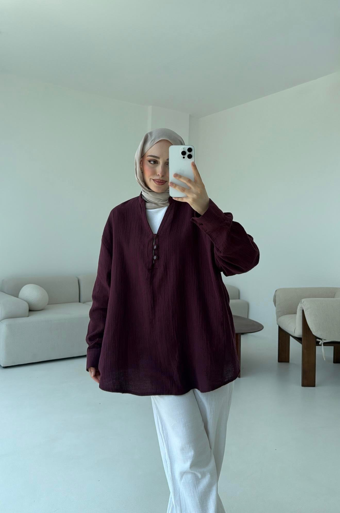 Müslin Düğmeli Gömlek Bordo