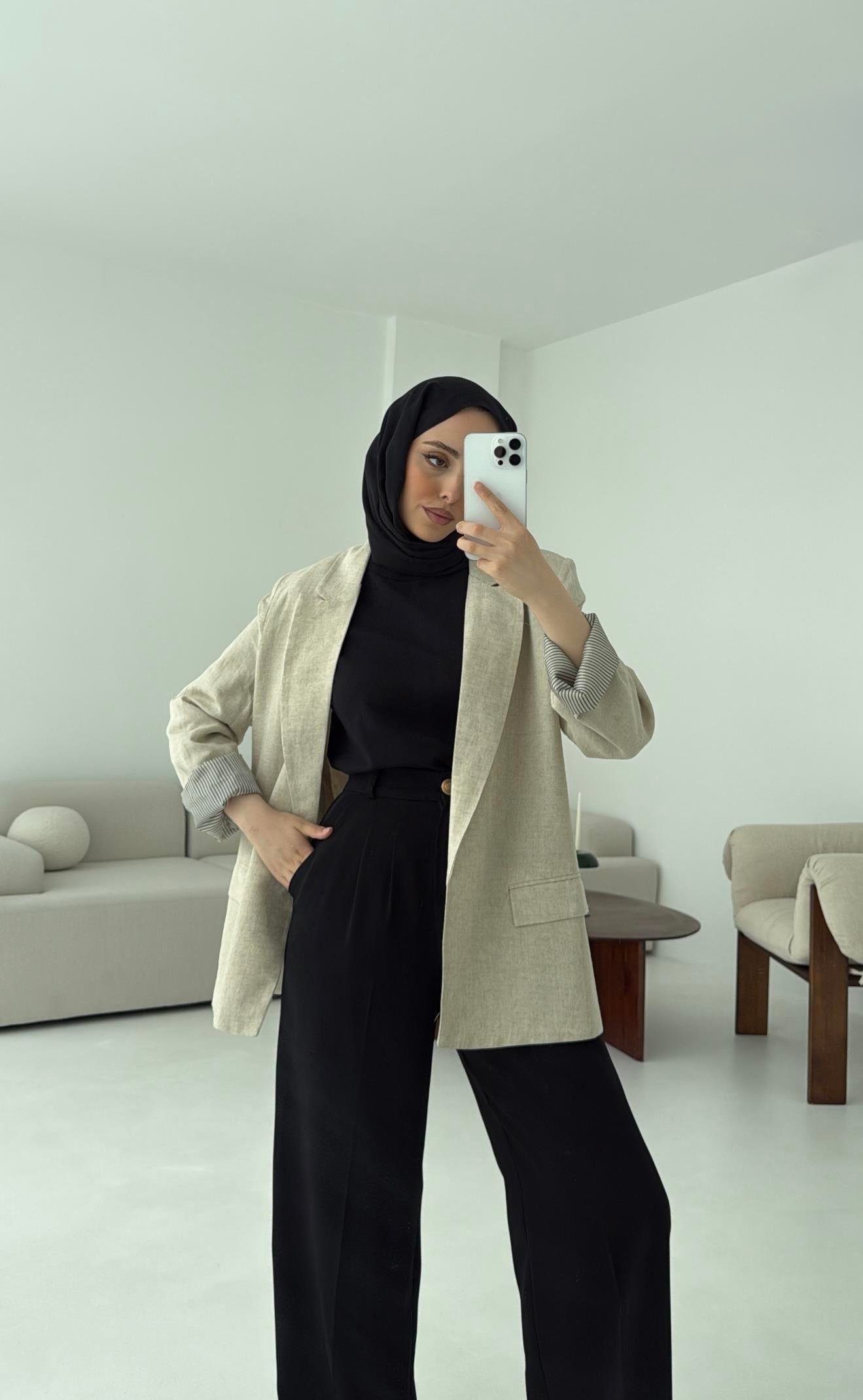Keten Astarı Çizgili Blazer Ceket Natural