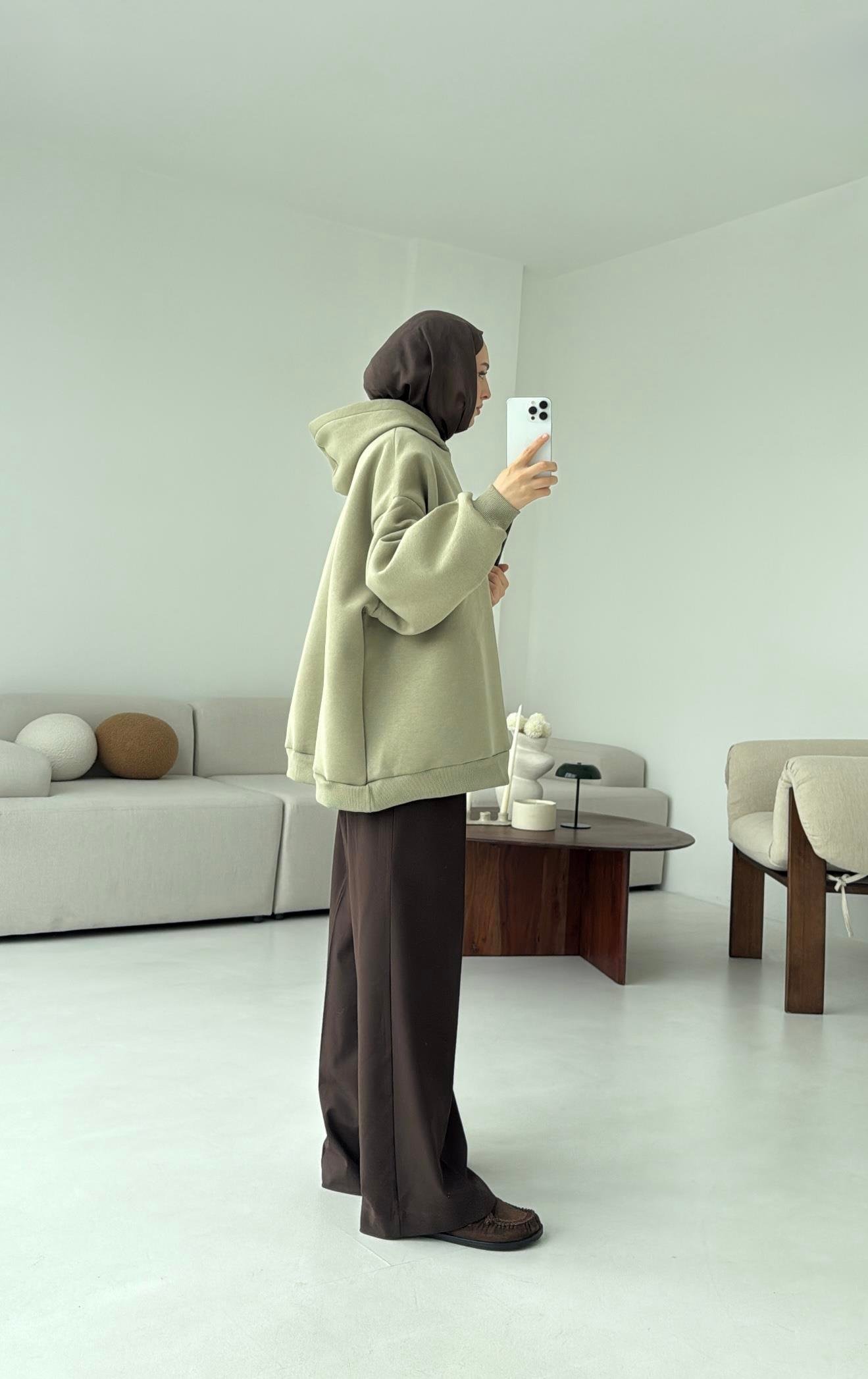 Kapüşonlu Oversize Şardonlu Sweatshirt Cagla