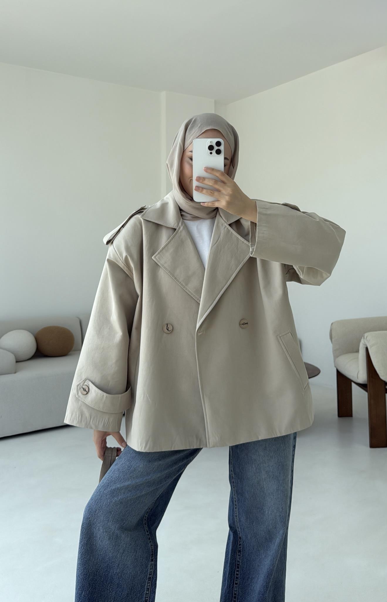 Vatkalı Kısa Trençkot Taş