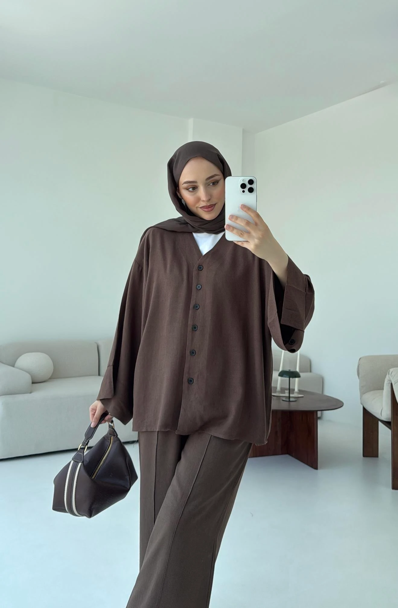 Düğmeli Kimono Takım Kahve