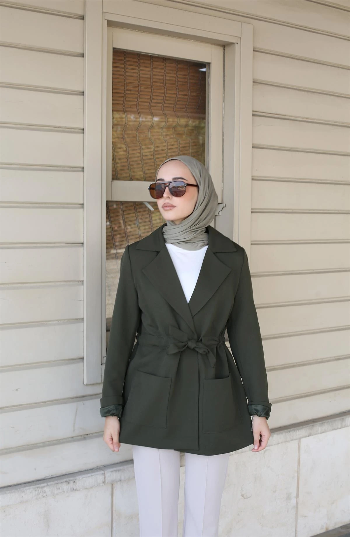 Beli Sıkmalı Astarlı Ceket Haki