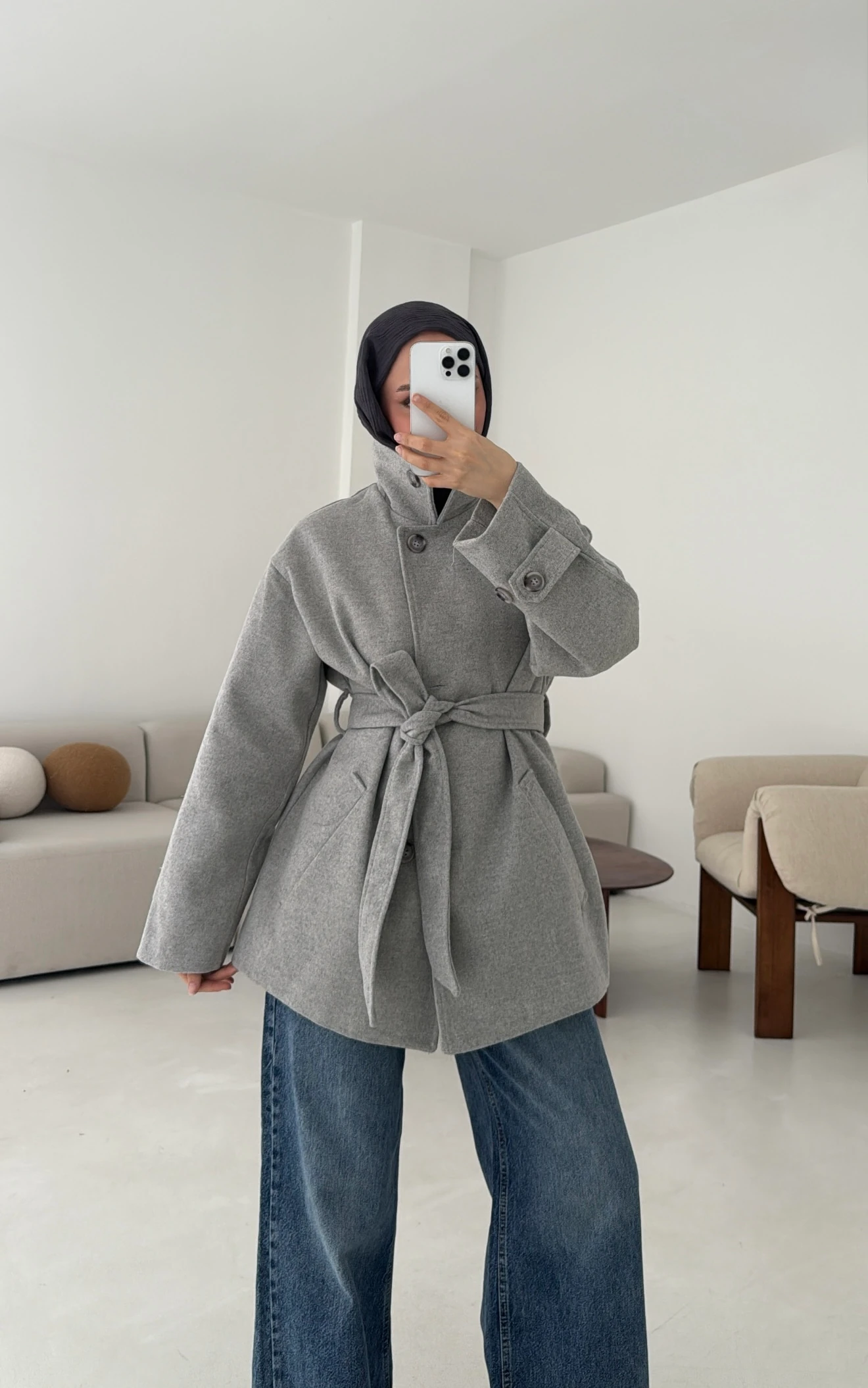 Gri Orta Boy Kaşe Kaban