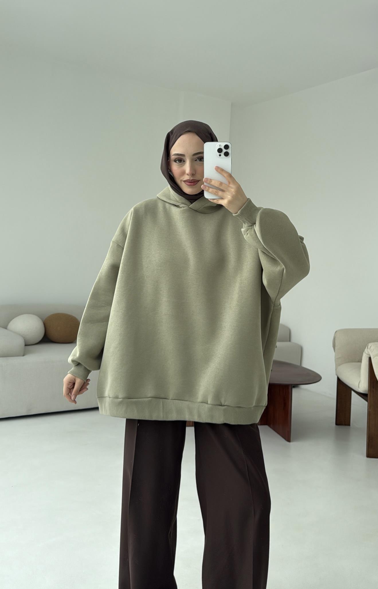 Kapüşonlu Oversize Şardonlu Sweatshirt Cagla