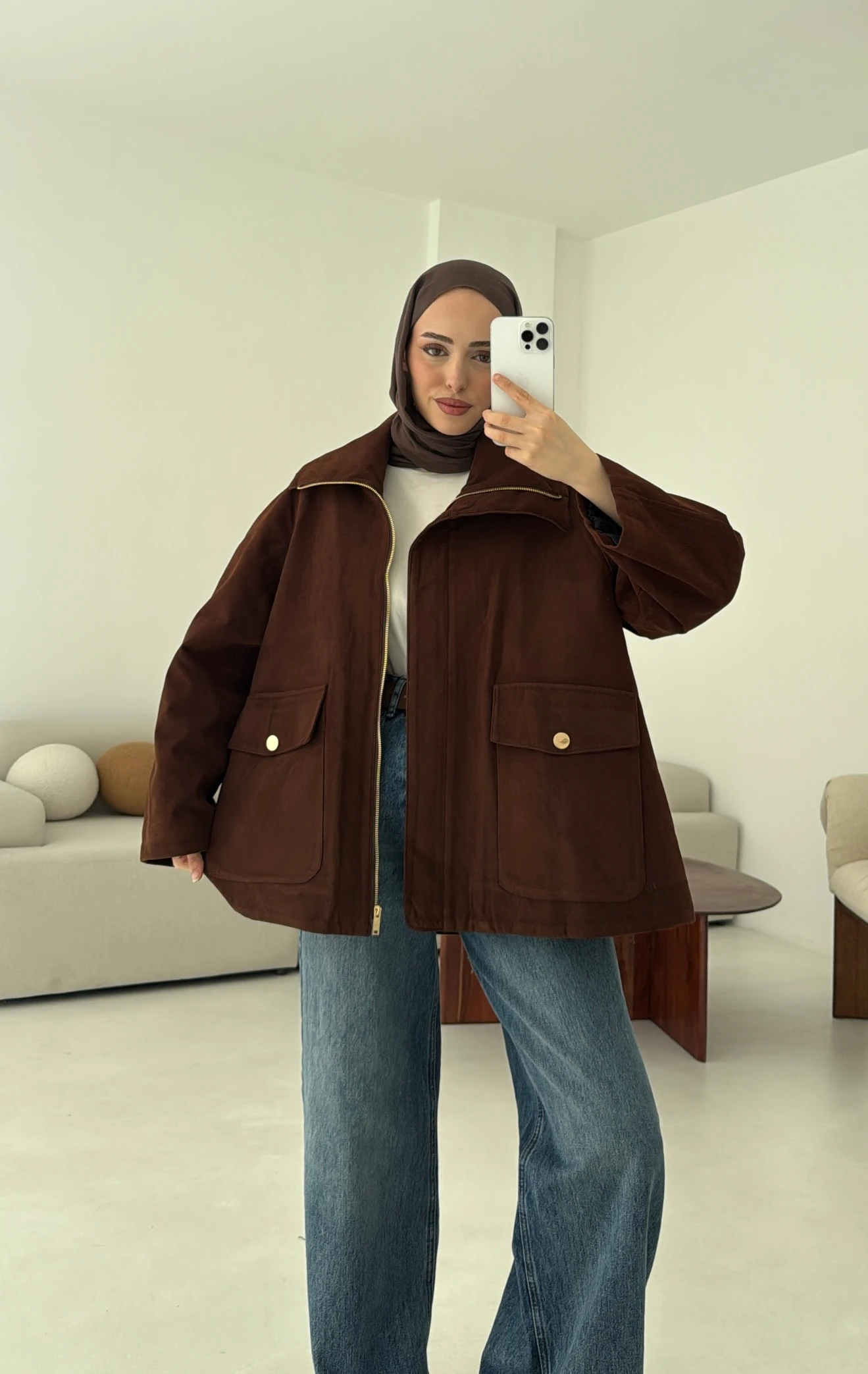 Oversize Dolgulu Süet Ceket Kahve