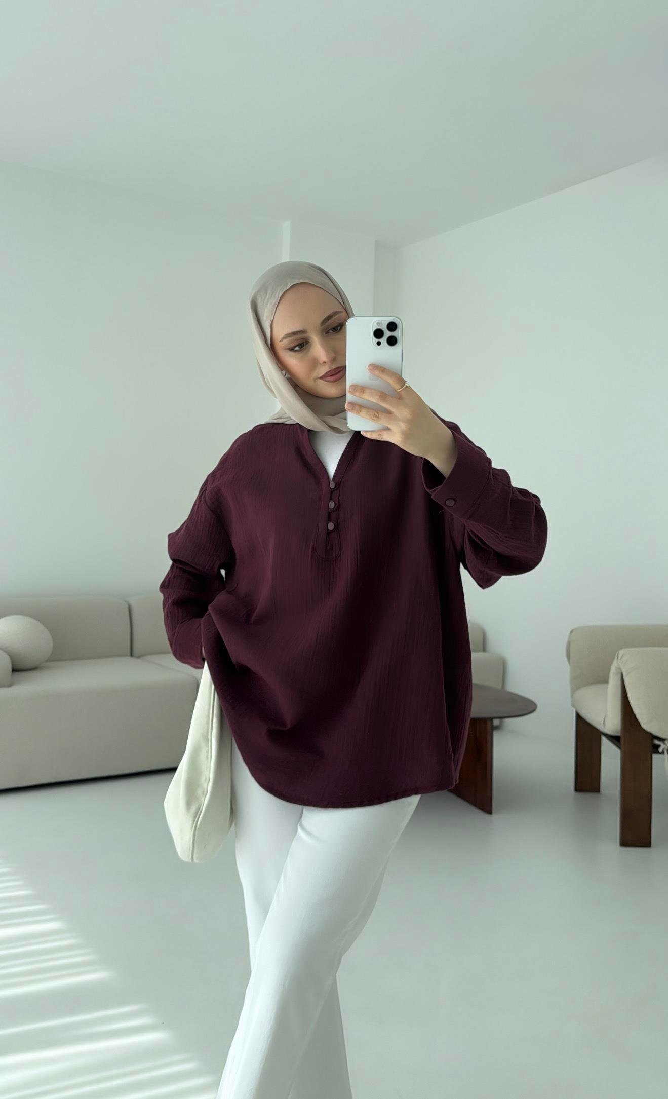 Müslin Düğmeli Gömlek Bordo