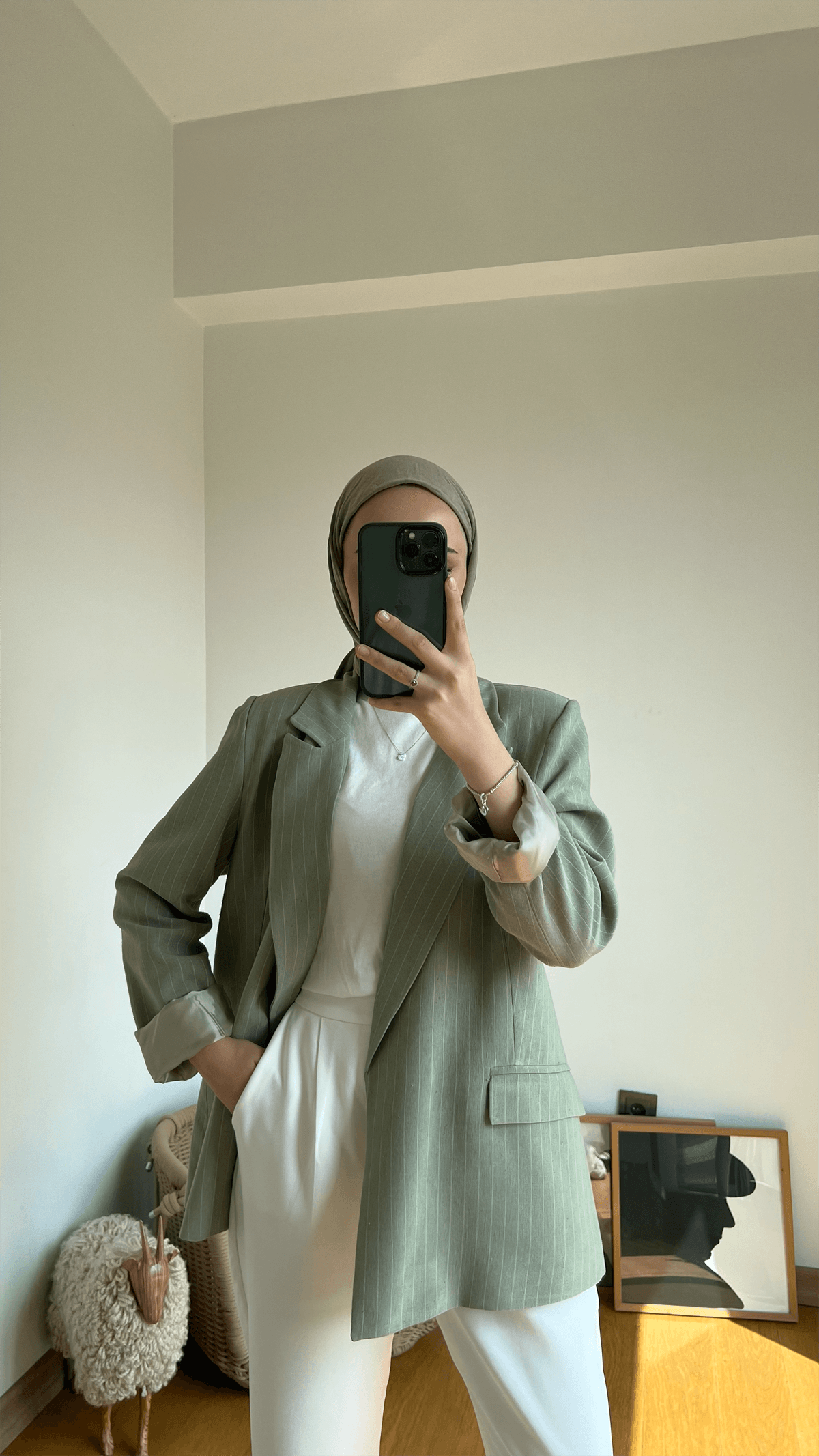 Çizgili Keten Haki Blazer Ceket