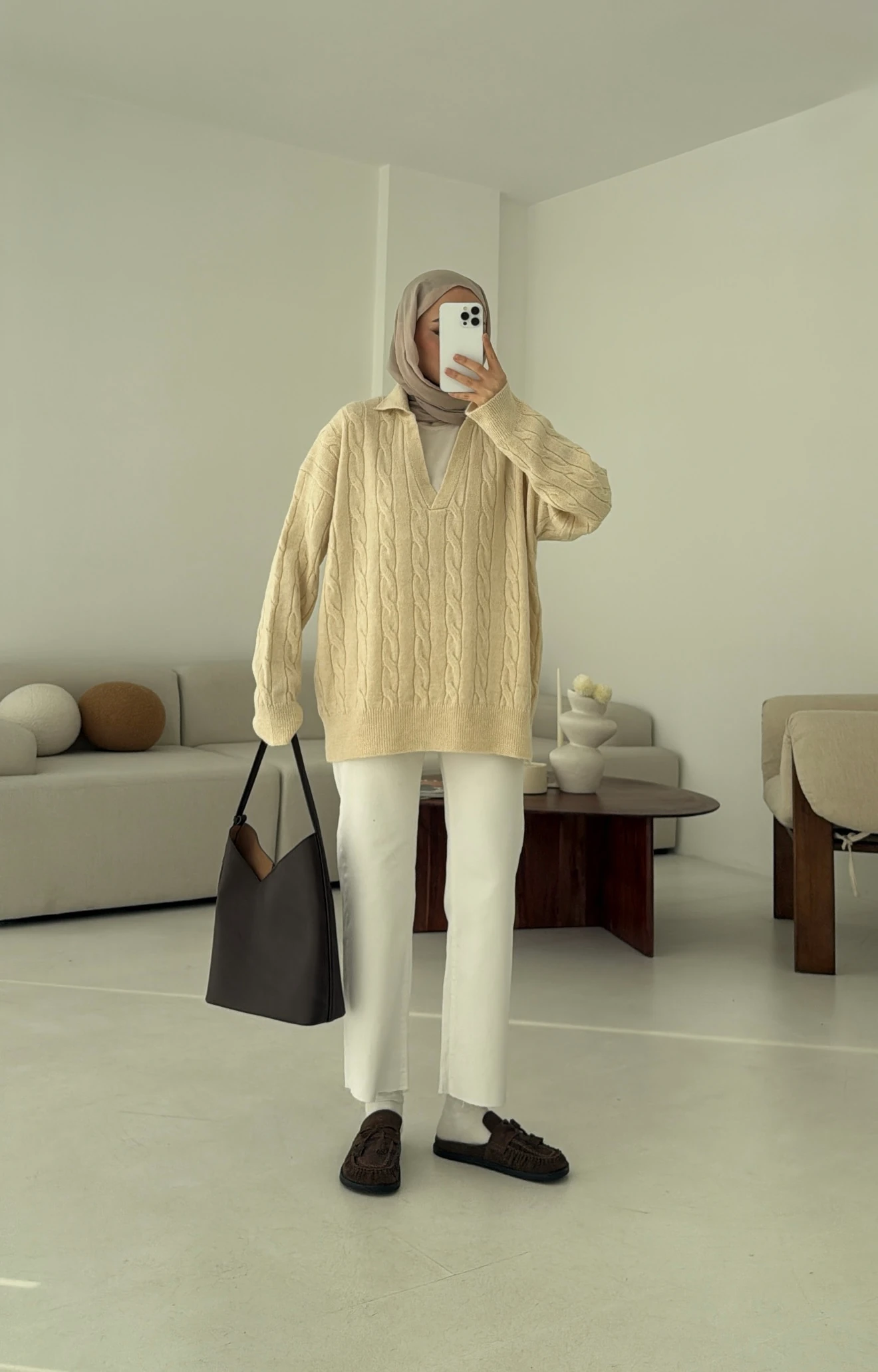 Polo Yaka Örgü Kazak Krem