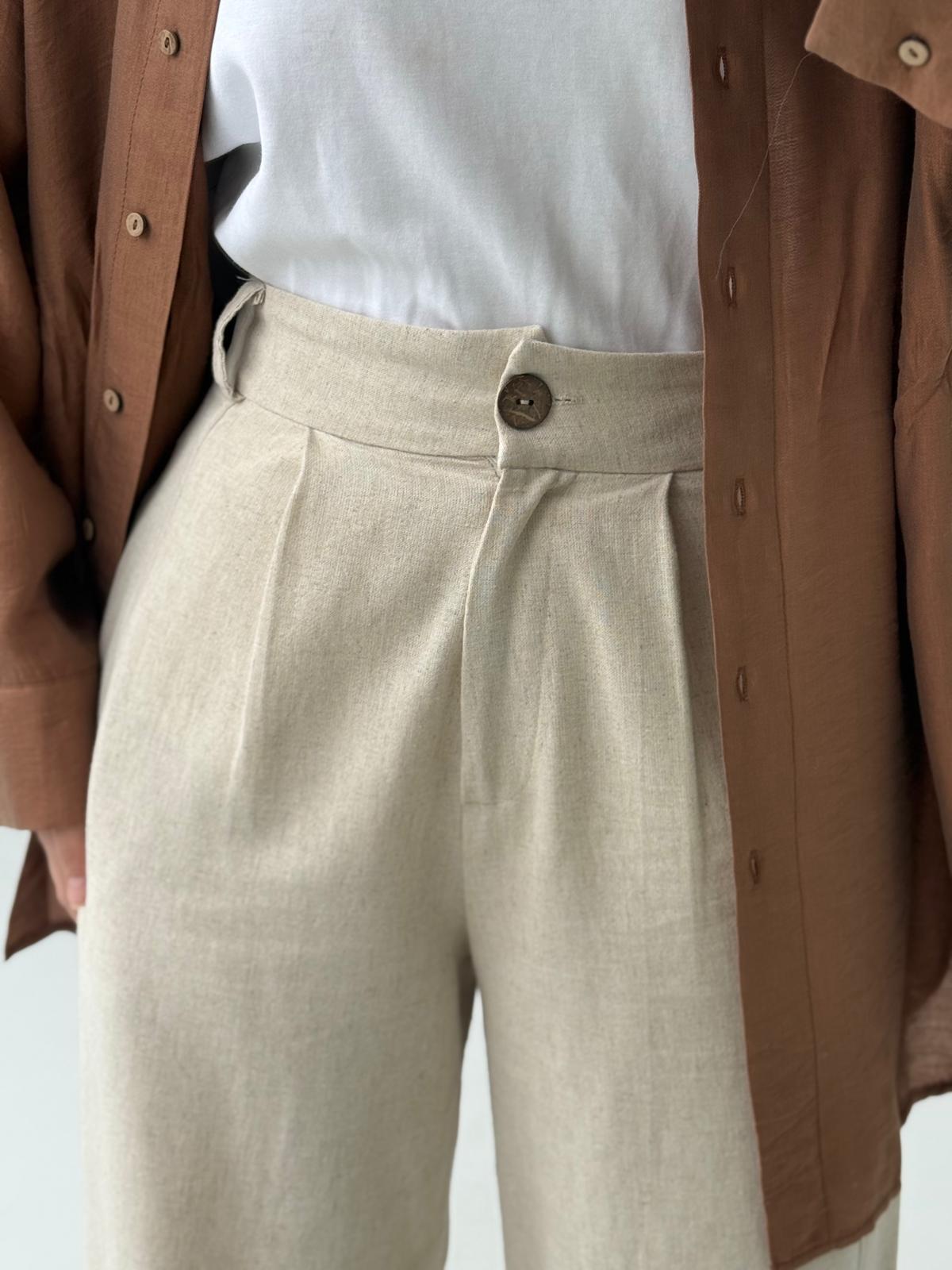 Paça Düğme Detaylı Keten Pantolon