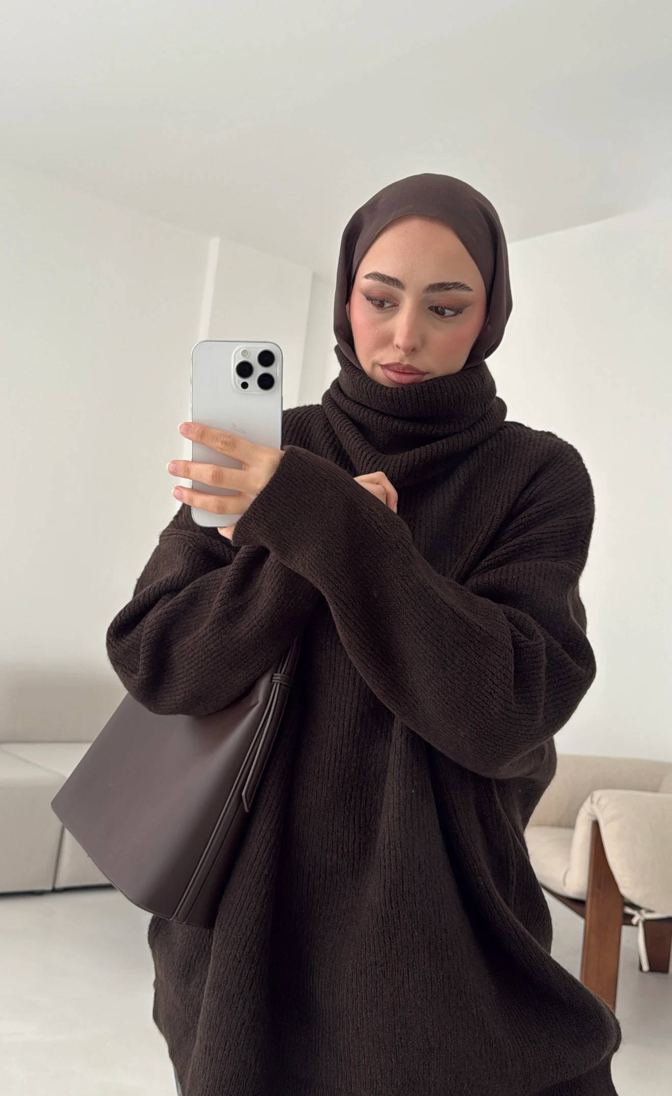 Balıkçı Yaka Oversizse Triko Kazak Kahve