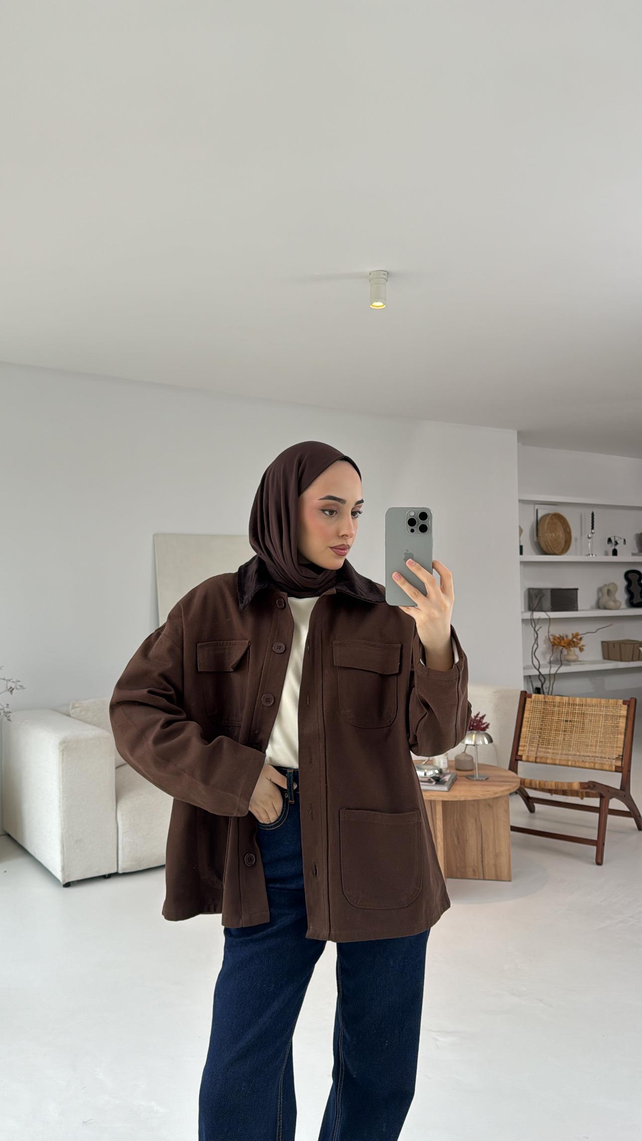 Kadife Yaka Cep Detaylı Ceket Kahve