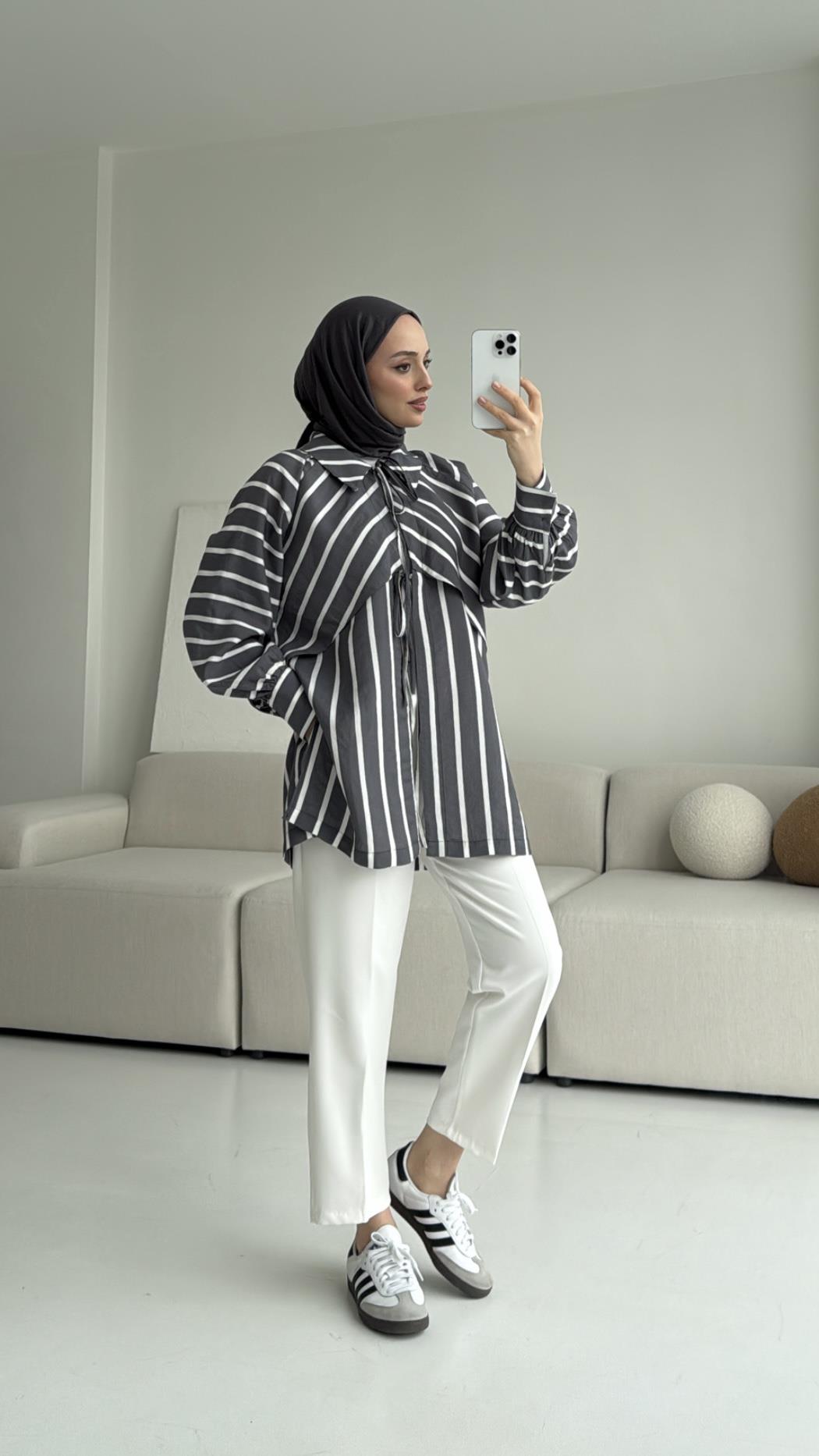 Çizgili Bağlamalı Kimono Antrasit