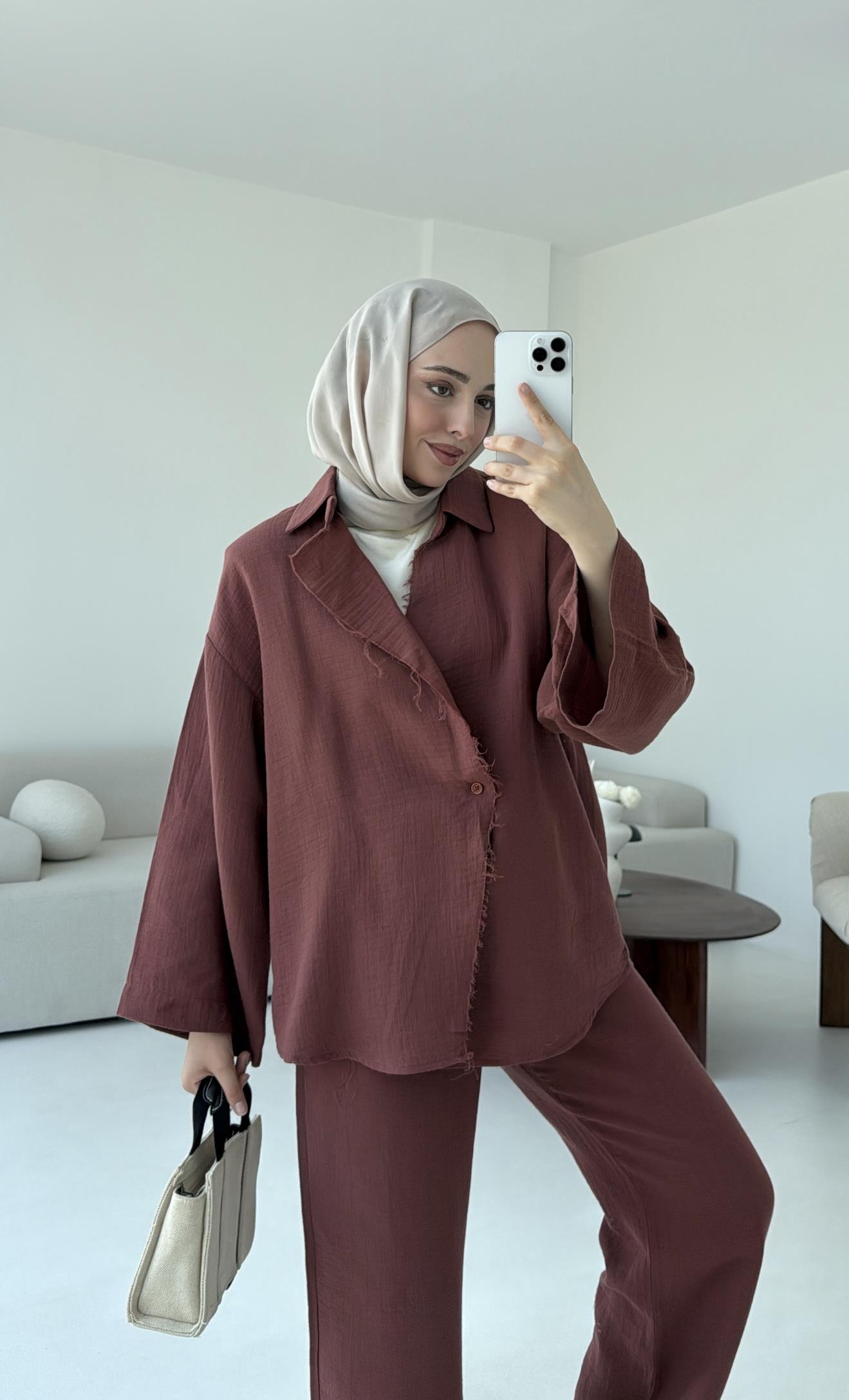Müslin Düğmeli Kimono Takım Kiremit