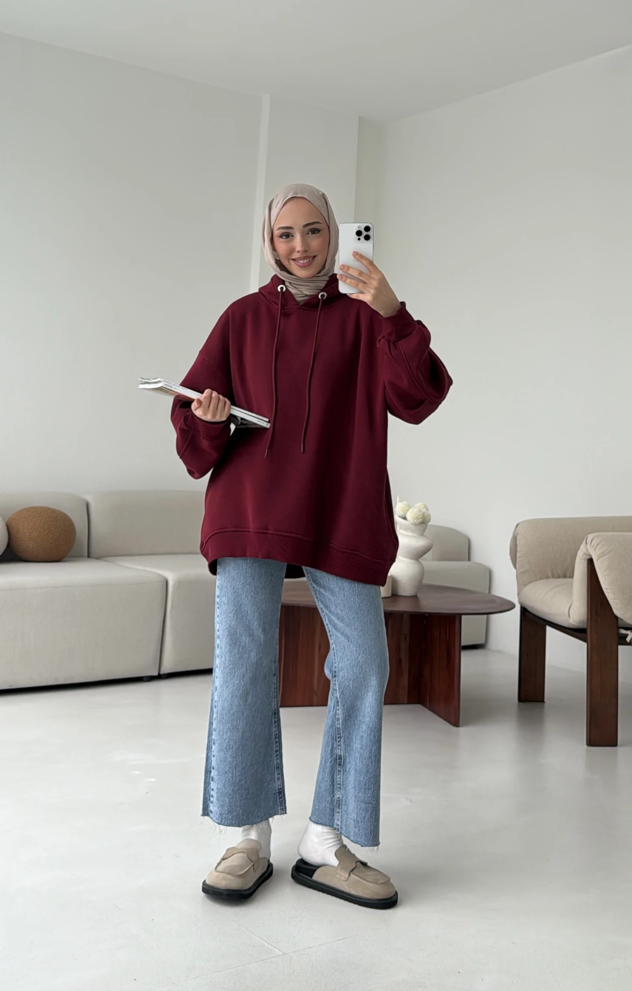 Kolu Pile Detay Oversize Sweatshirt Bordo