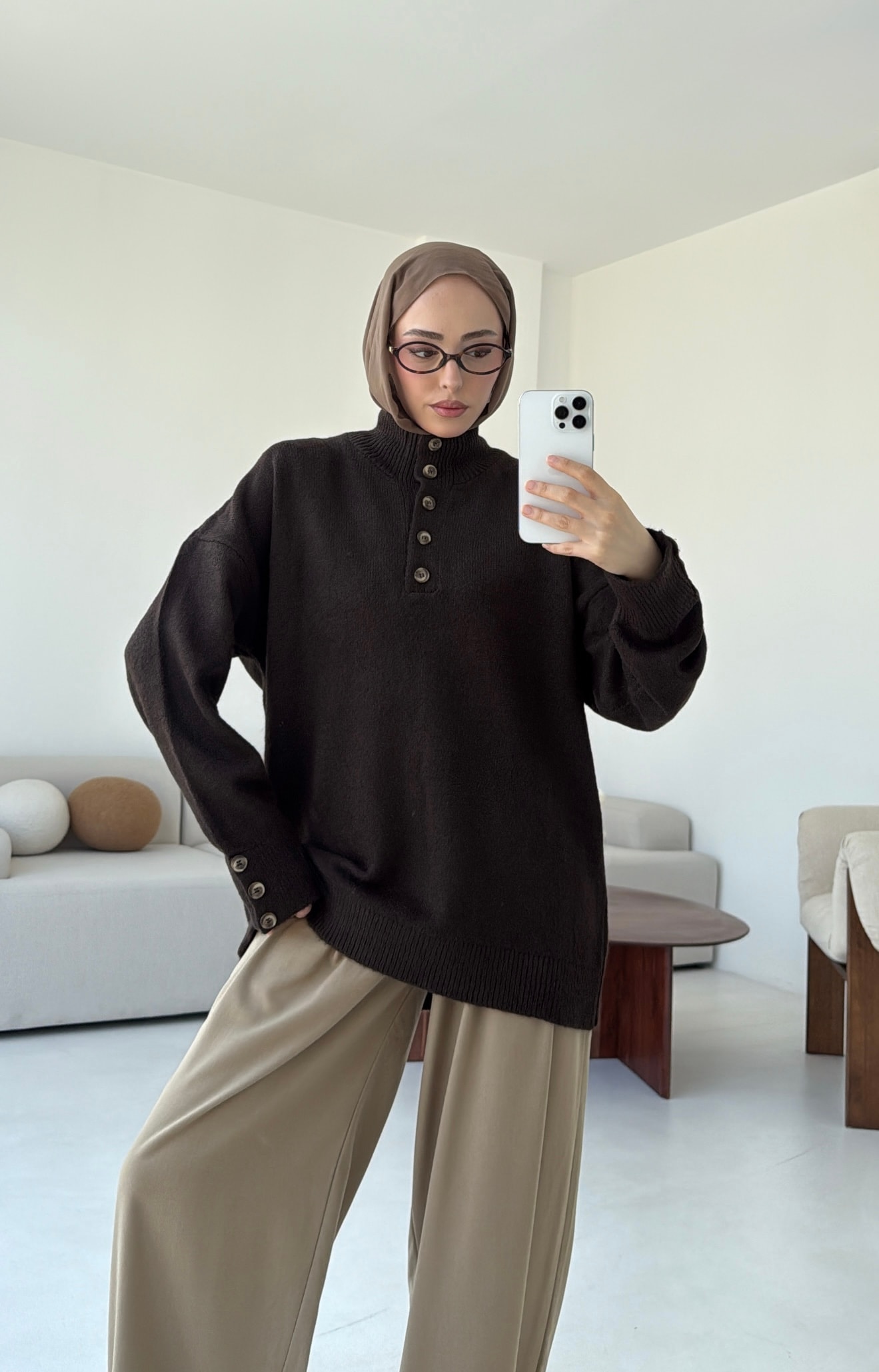 Kolları Düğme Detay Triko Kazak Acı Kahve