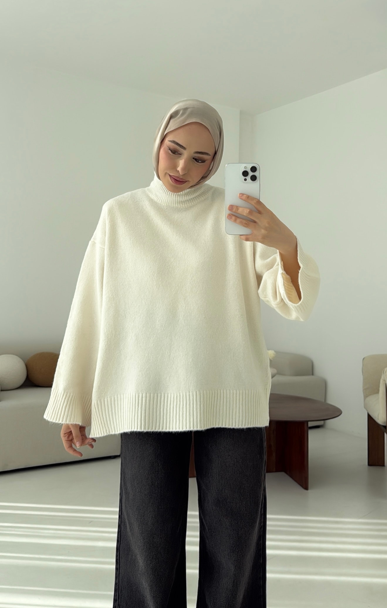 Yarım Yaka Triko Kazak Krem