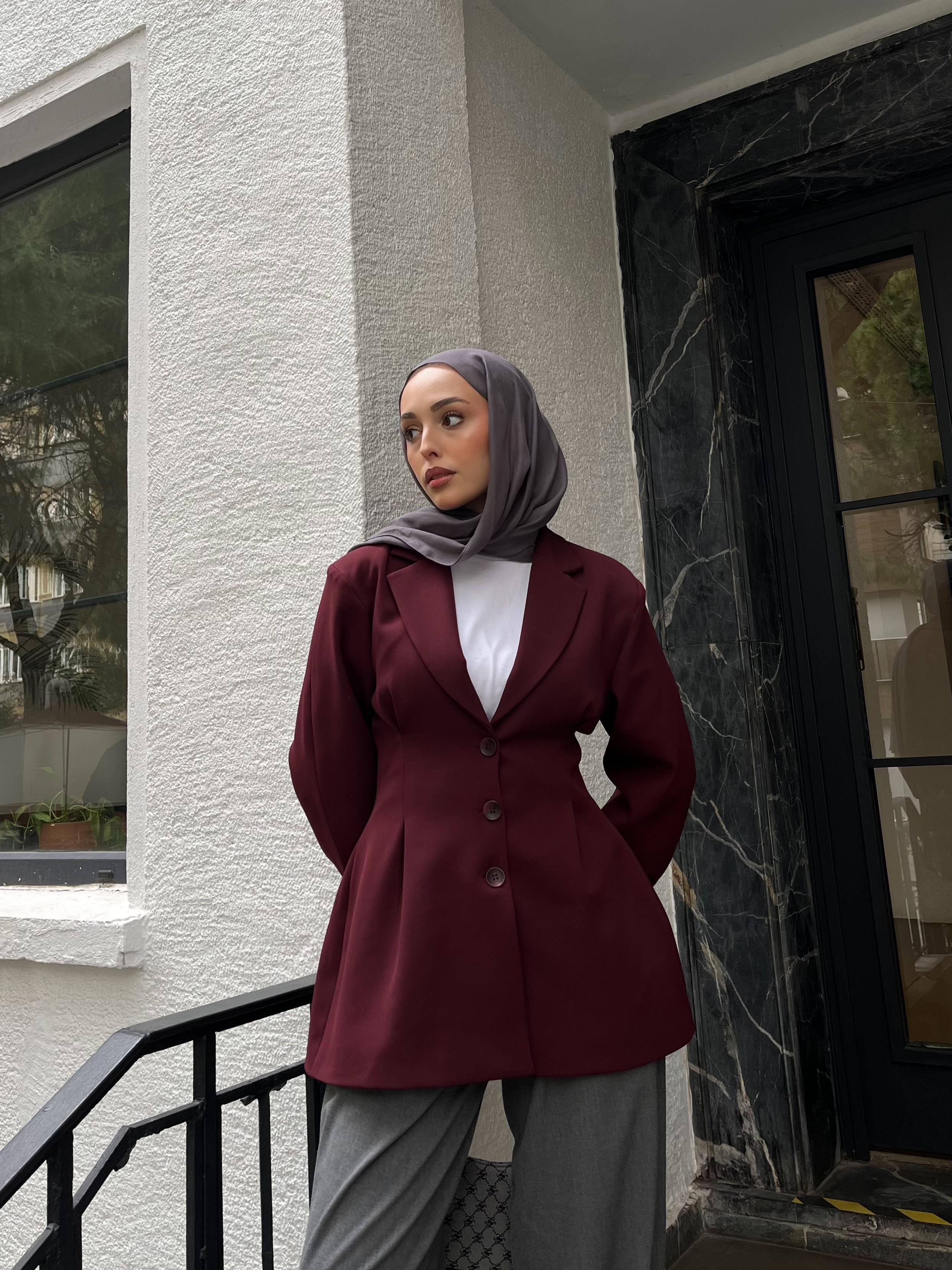 Belden Oturtmalı Tasarım Ceket Bordo