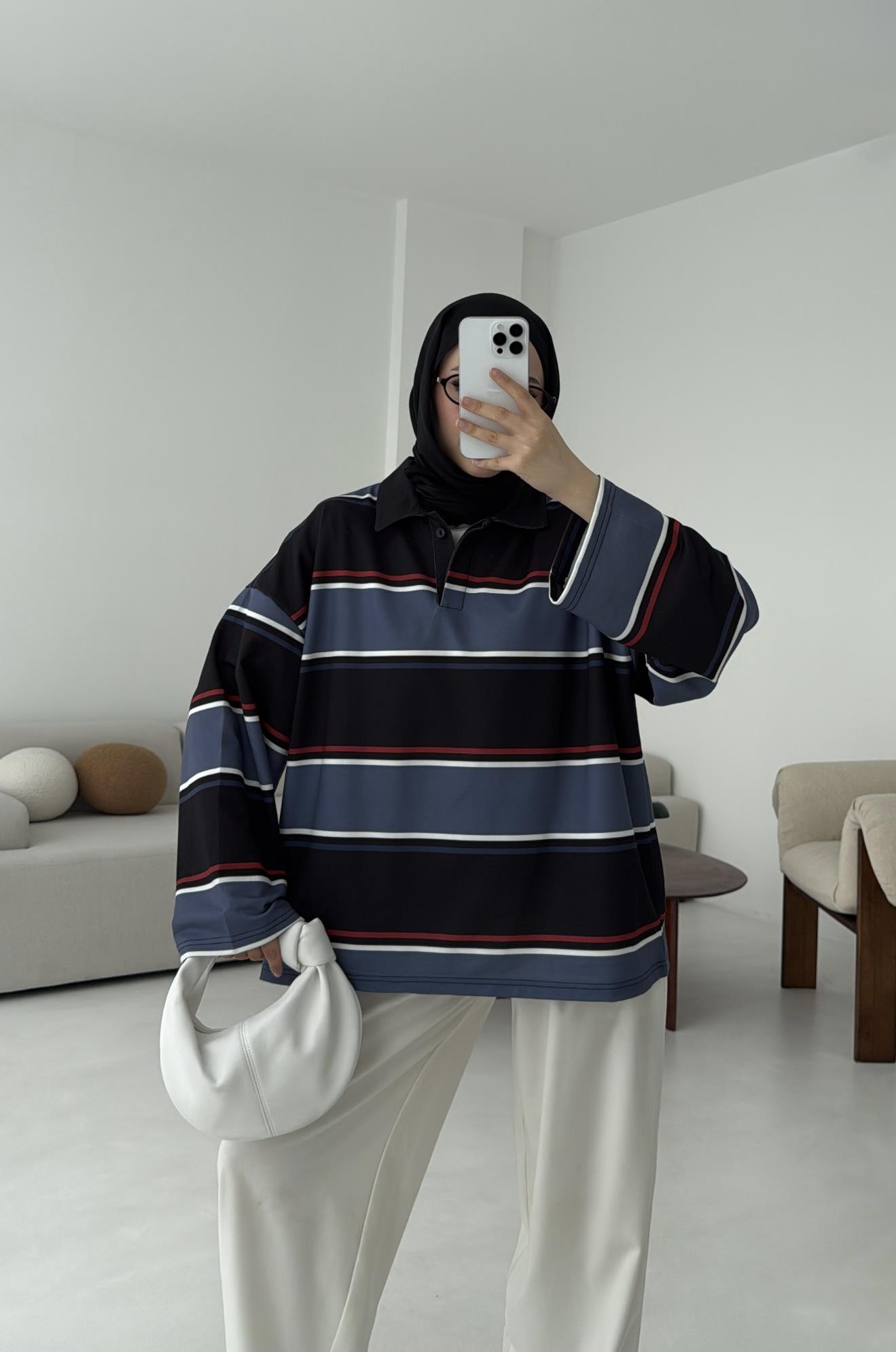 Lacivert Çizgili Polo Yaka Sweatshrt