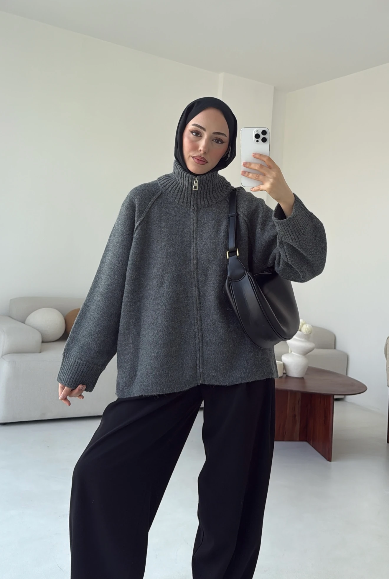 Fermuarlı Şardonlu Hırka Antrasit