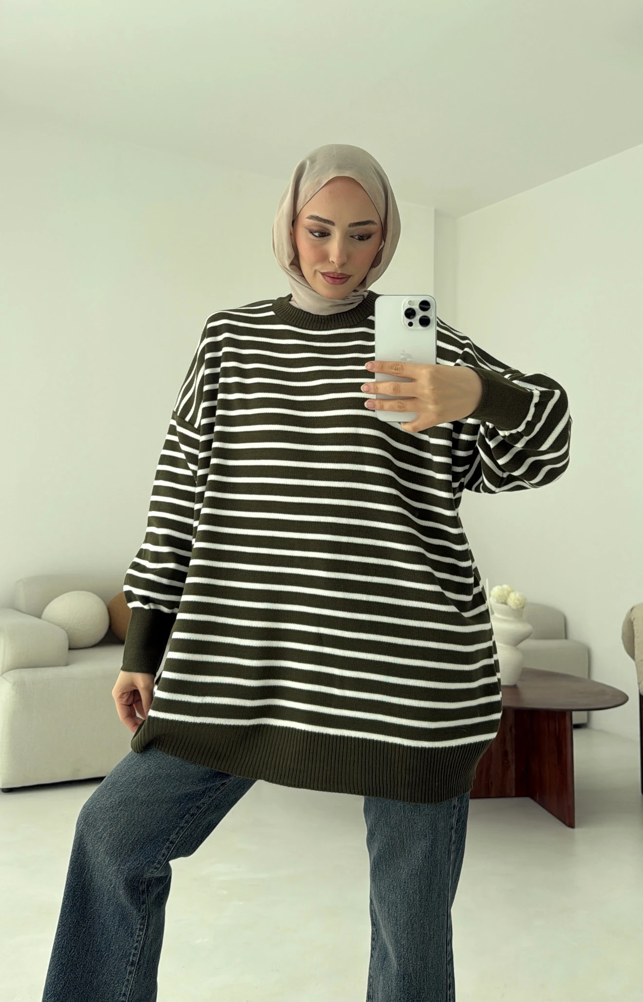 Çizgili Triko Kazak Haki