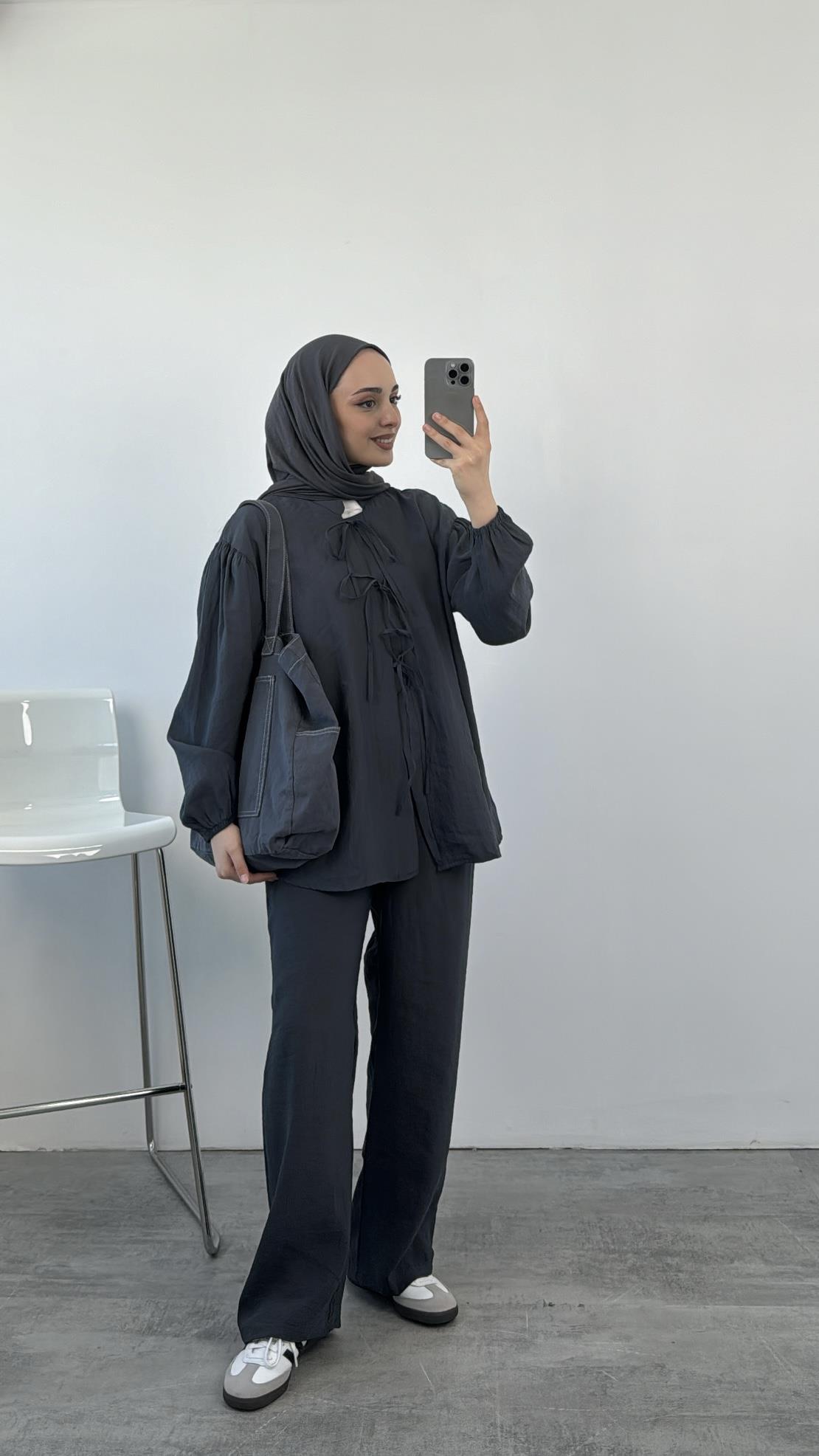 Tencel Önden Bağlamalı Kimonolu Takım Antrasit